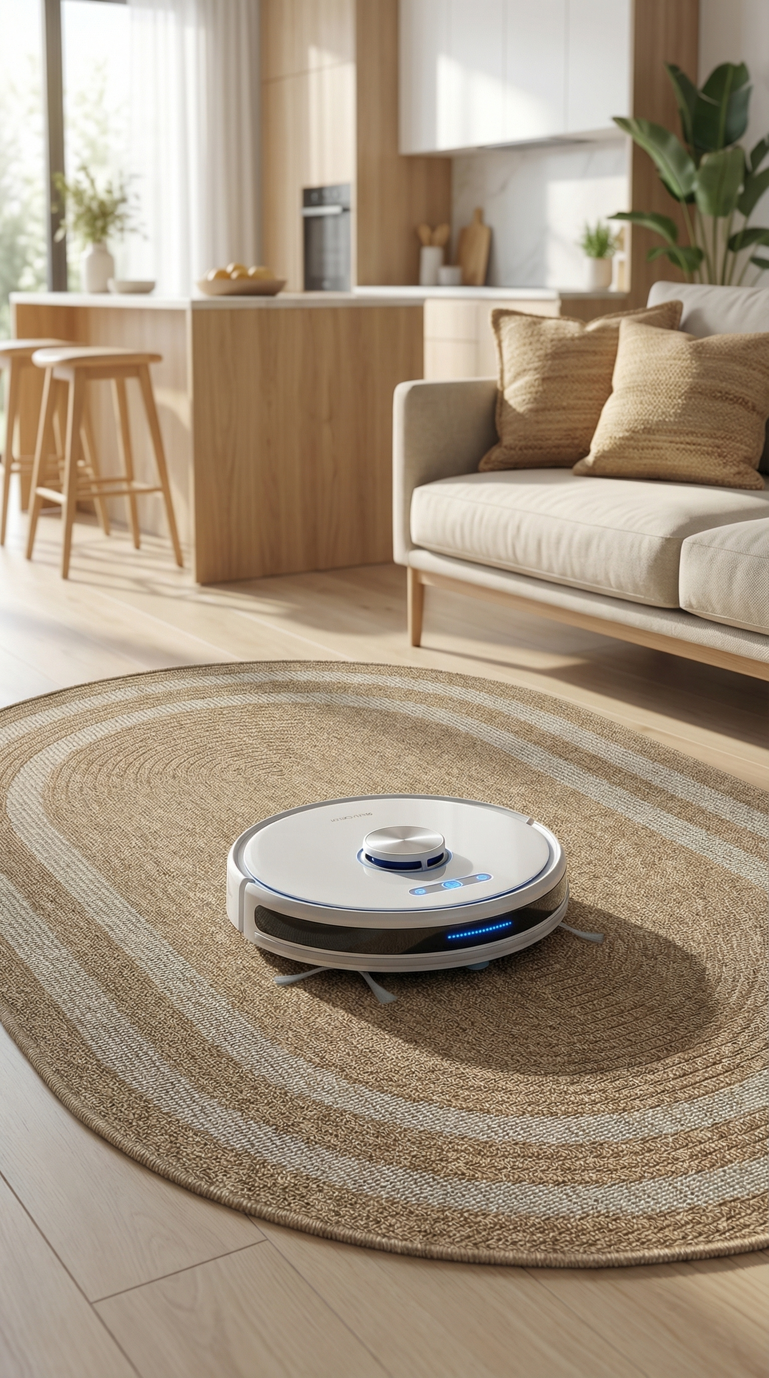 Bej ve beyaz oval halı üzerinde robot süpürge, modern açık mutfak ve bej koltuk