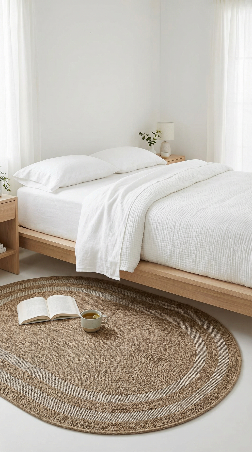 Modern ahşap çerçeveli beyaz yatak, yuvarlak doğal jüt halı, açık kitap ve çay kupası