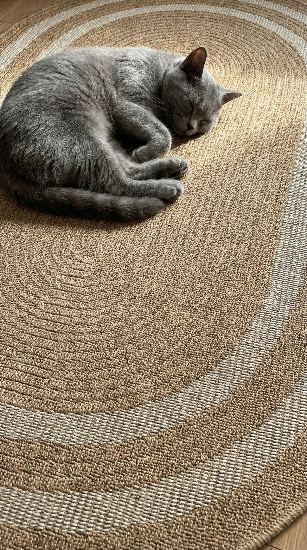 Uyuyan gri kedi, oval dokuma, bej ve beyaz renkli hali üzerinde