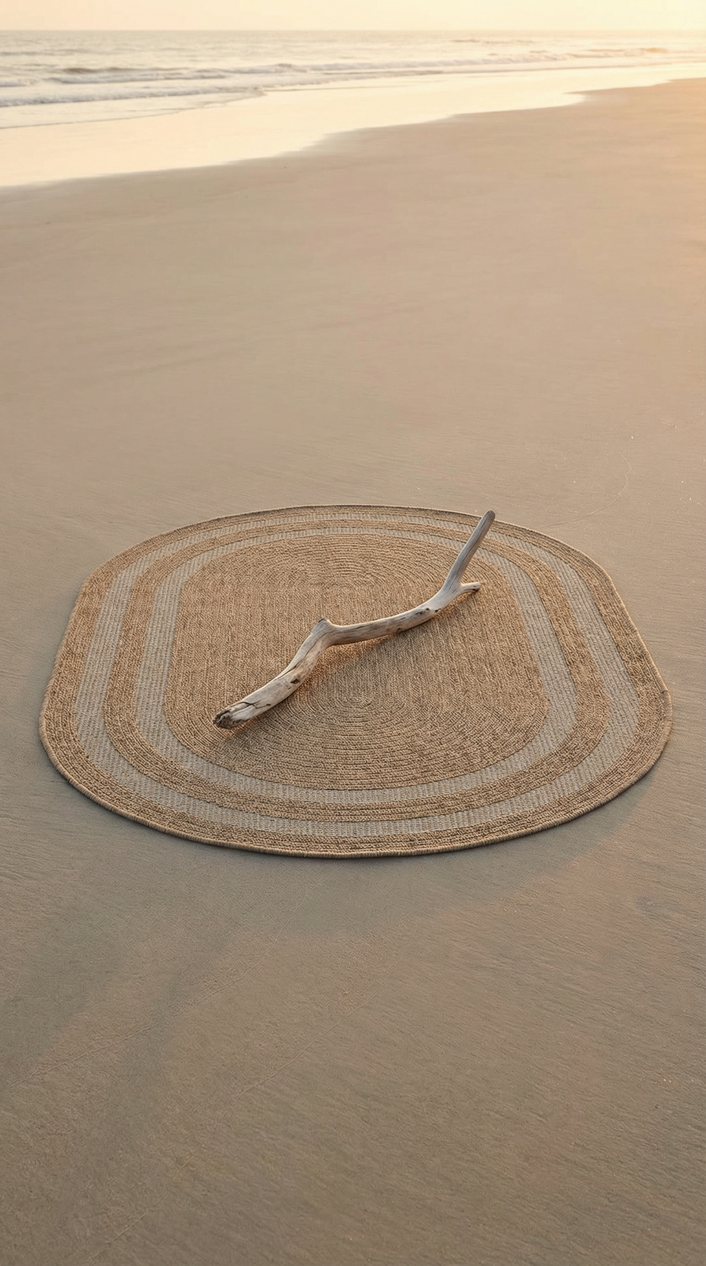 Sahil kenarında doğal renkli örgü yuvarlak hasır halı üzerinde kuru ağaç dalı