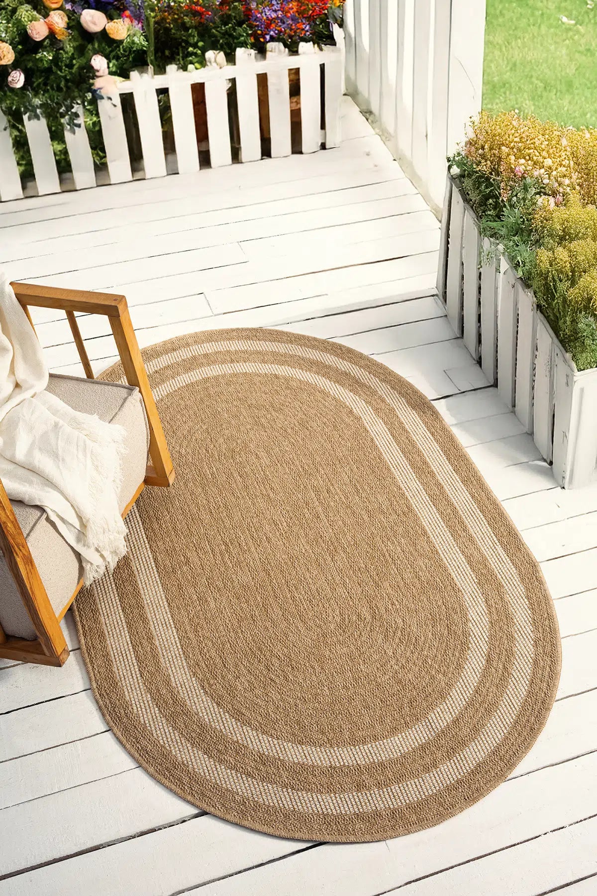 Zev Keten: Özel Oval Şekilli Modern Yolluk Halı - Toprak Tonları