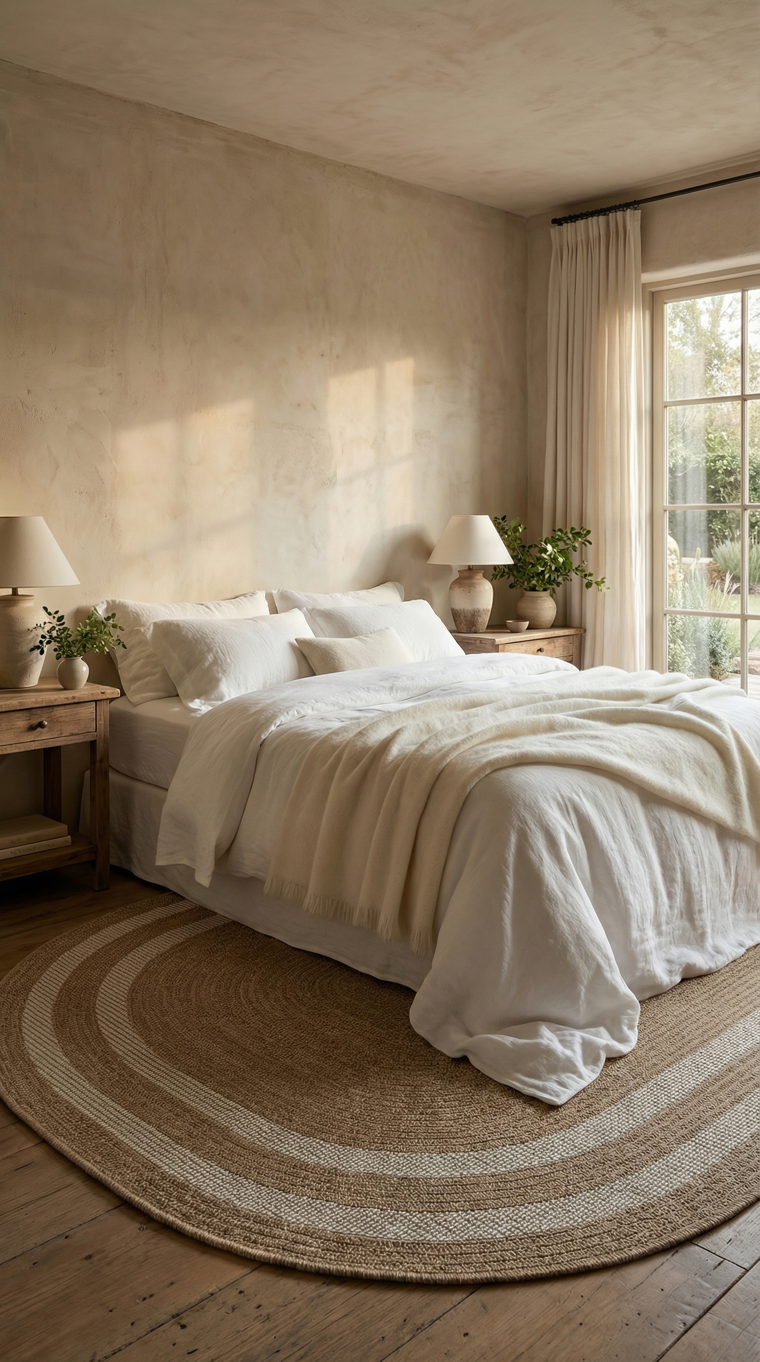 Doğal ışıkla aydınlanan sade dekorlu yatak odasında beyaz nevresimler ve hasır halı
