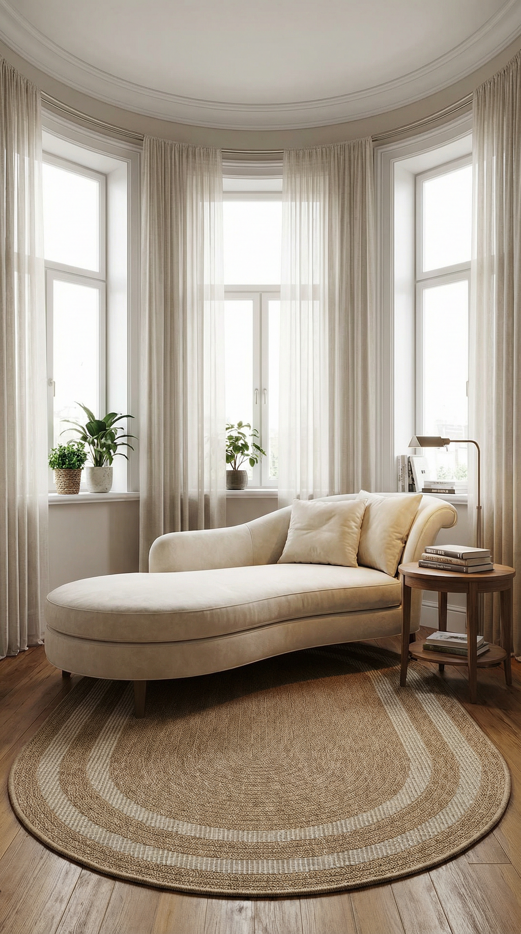 Beyaz oval kadife şezlong, kahverengi oval kilim, yan sehpada kitaplar ve doğal ışık alan modern oturma odası