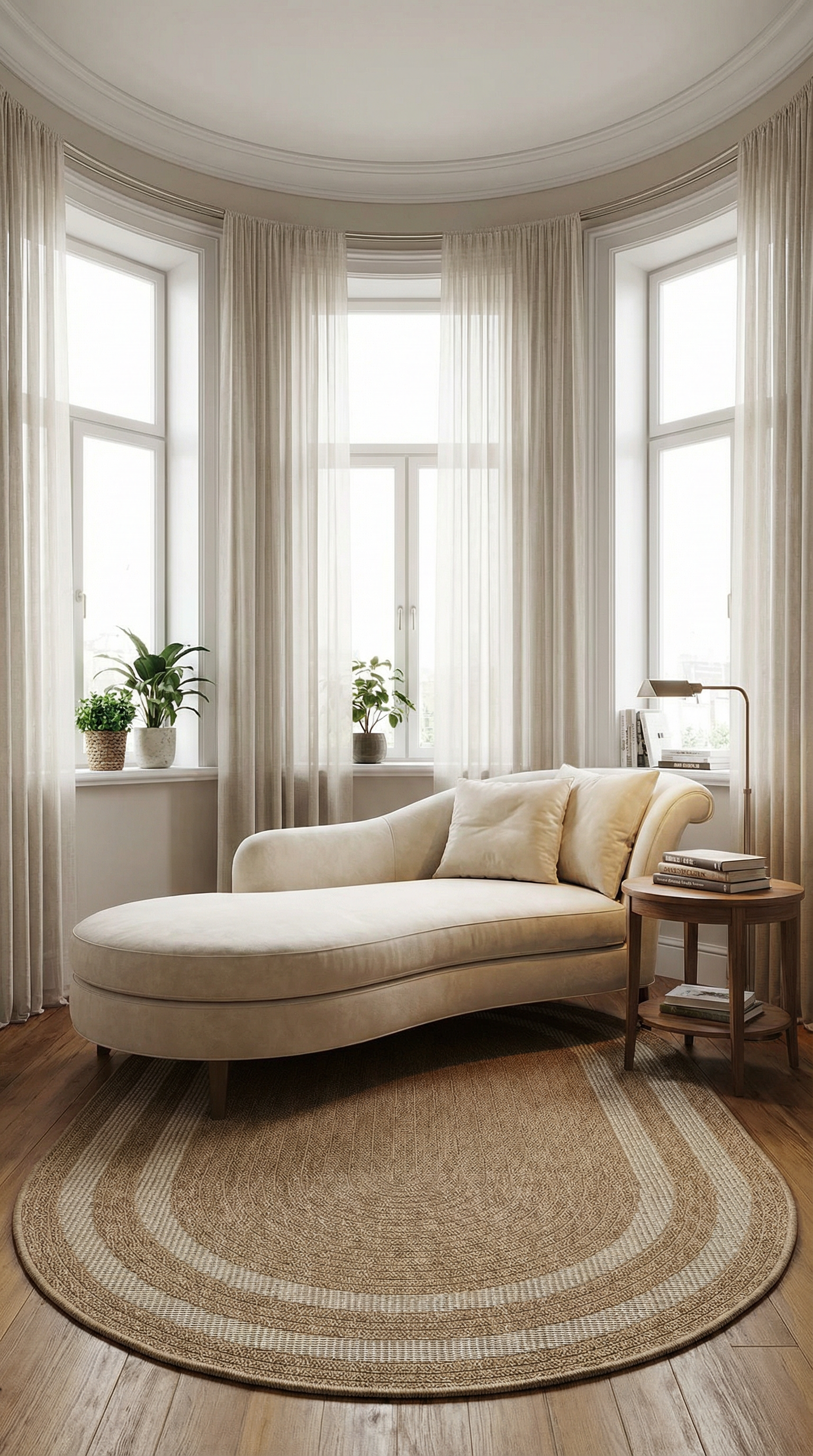 Beyaz oval kadife şezlong, kahverengi oval kilim, yan sehpada kitaplar ve doğal ışık alan modern oturma odası