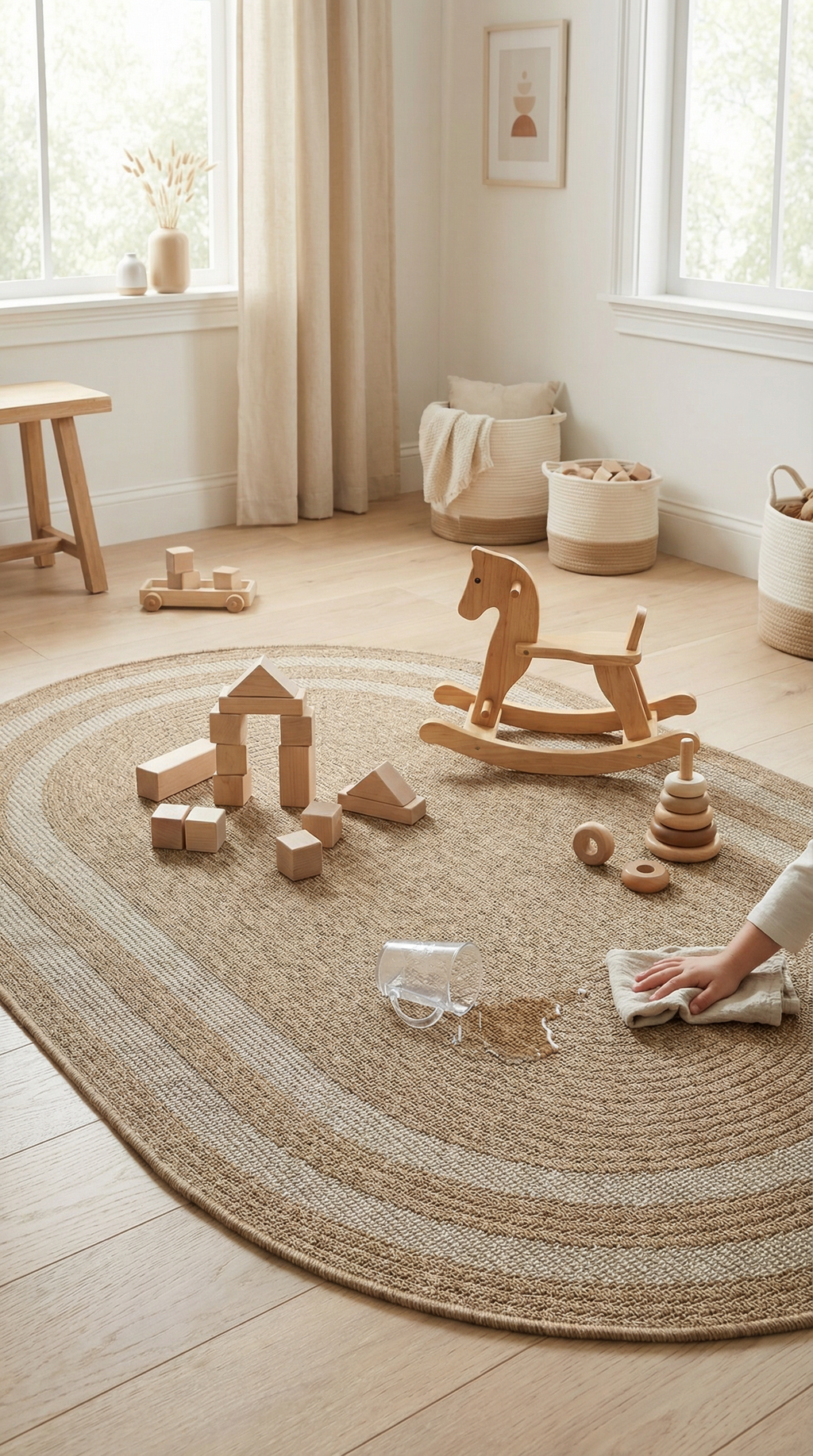 Çocuk odasında ahşap kaydırak at, oyuncak bloklar ve su dökülmüş halının temizliği