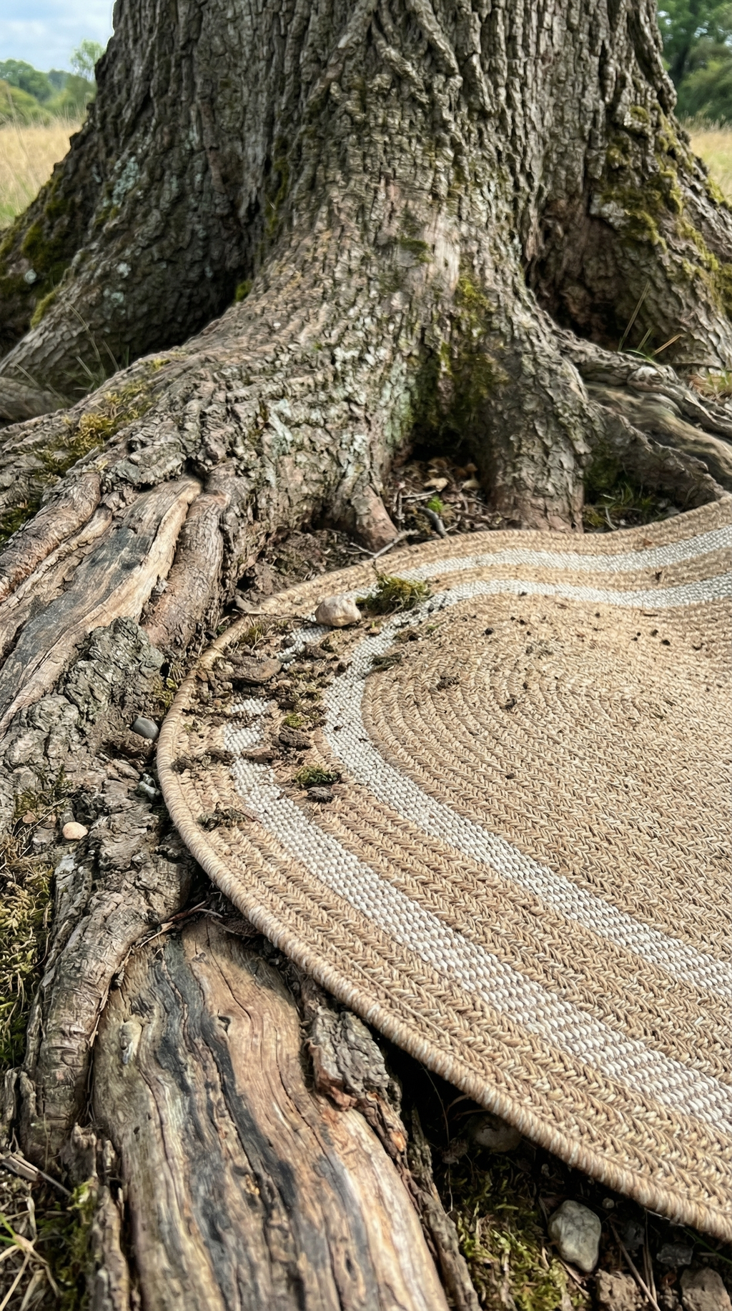 Ağaç köklerinde toprak ve küçük taşlarla çevrili hasır bej çizgili yuvarlak halı
