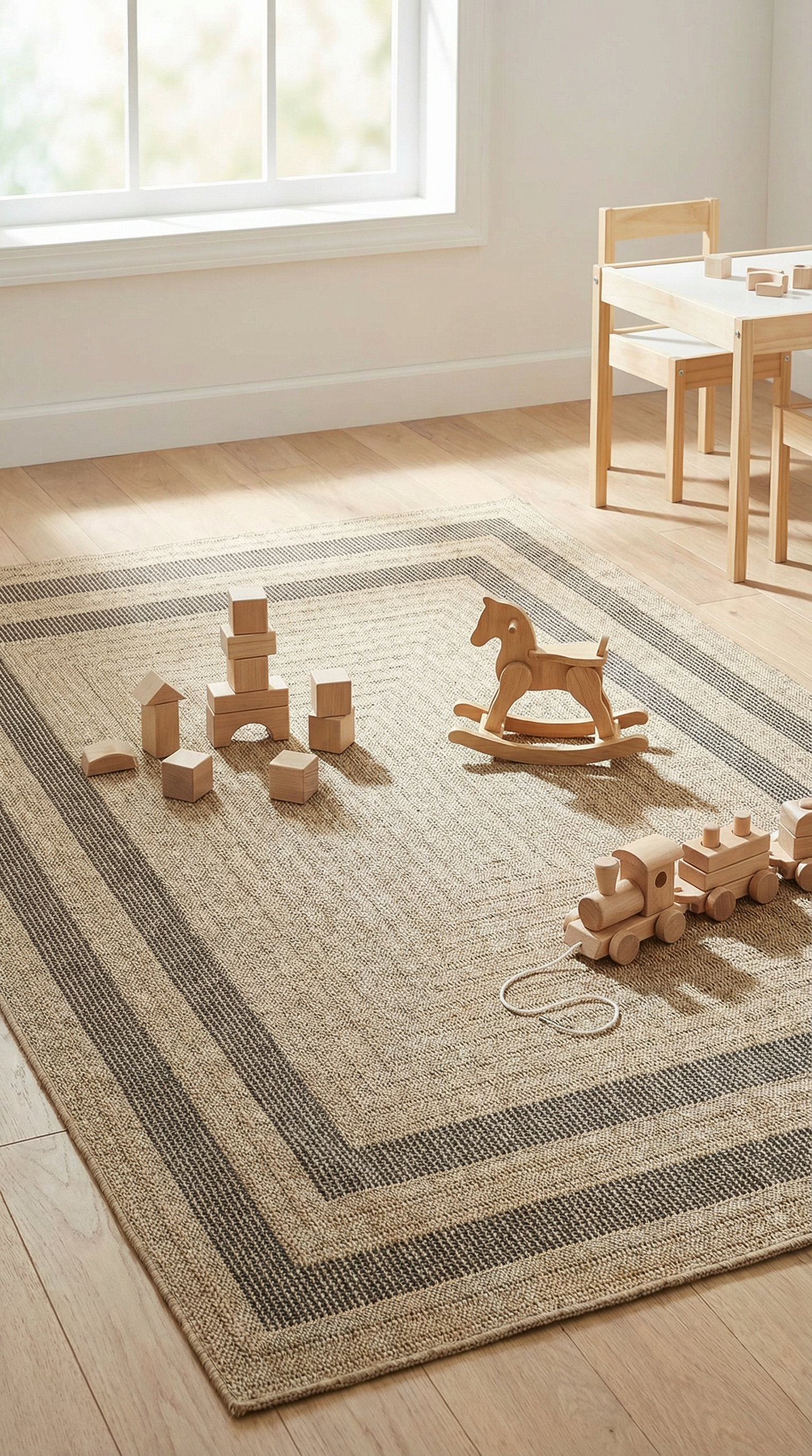 Çocuk odasında doğal renklerde halı üzerinde ahşap oyuncaklar ve küçük masa sandalye seti