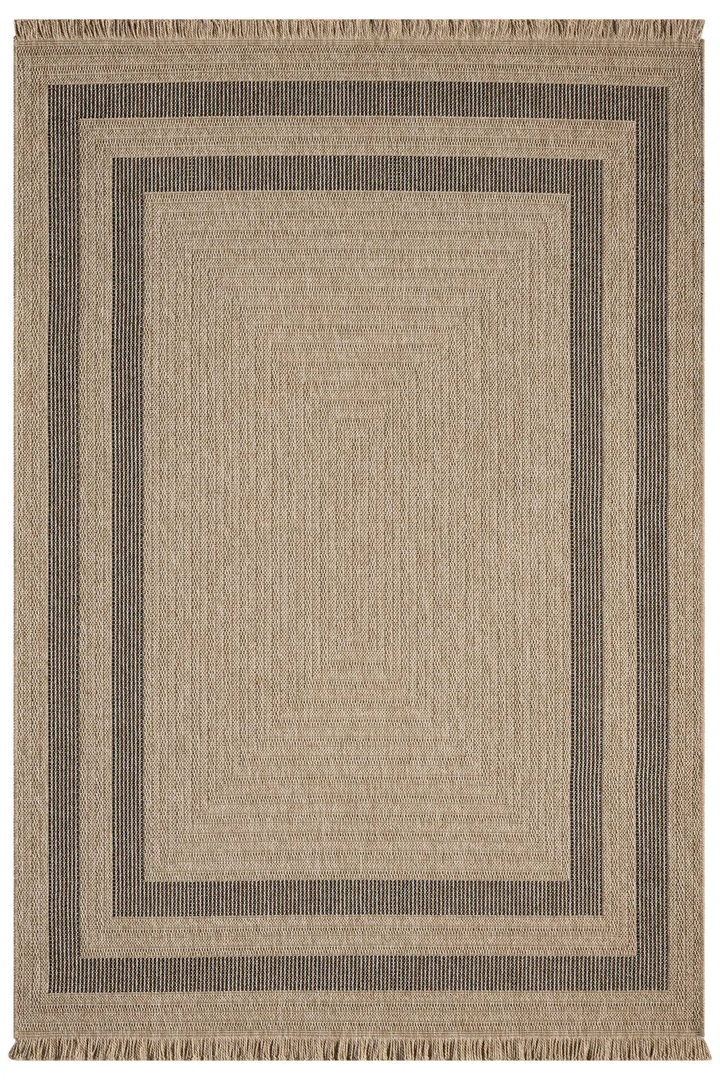 Bej ve siyah renkli geometrik desenli şık modern seyran halı