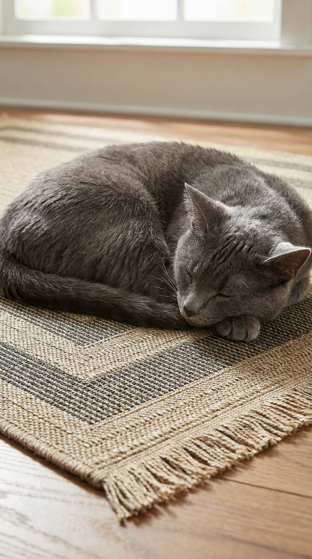Uzanmış uyuyan gri kedi, desenli jüt halı üzerinde ahşap zeminde