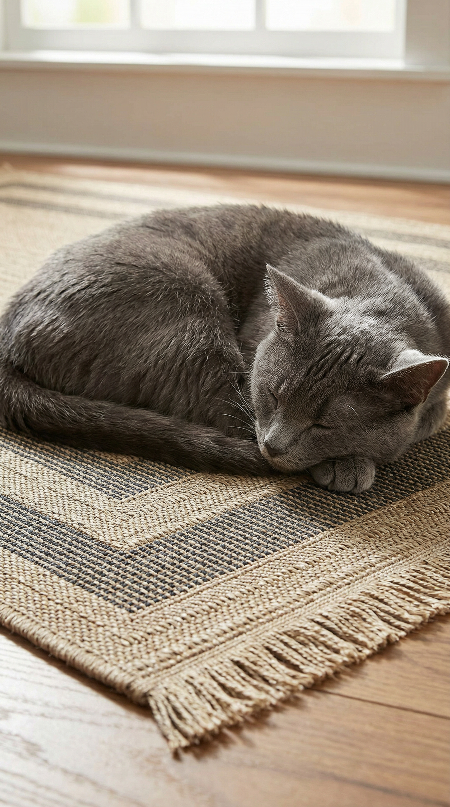 Uzanmış uyuyan gri kedi, desenli jüt halı üzerinde ahşap zeminde