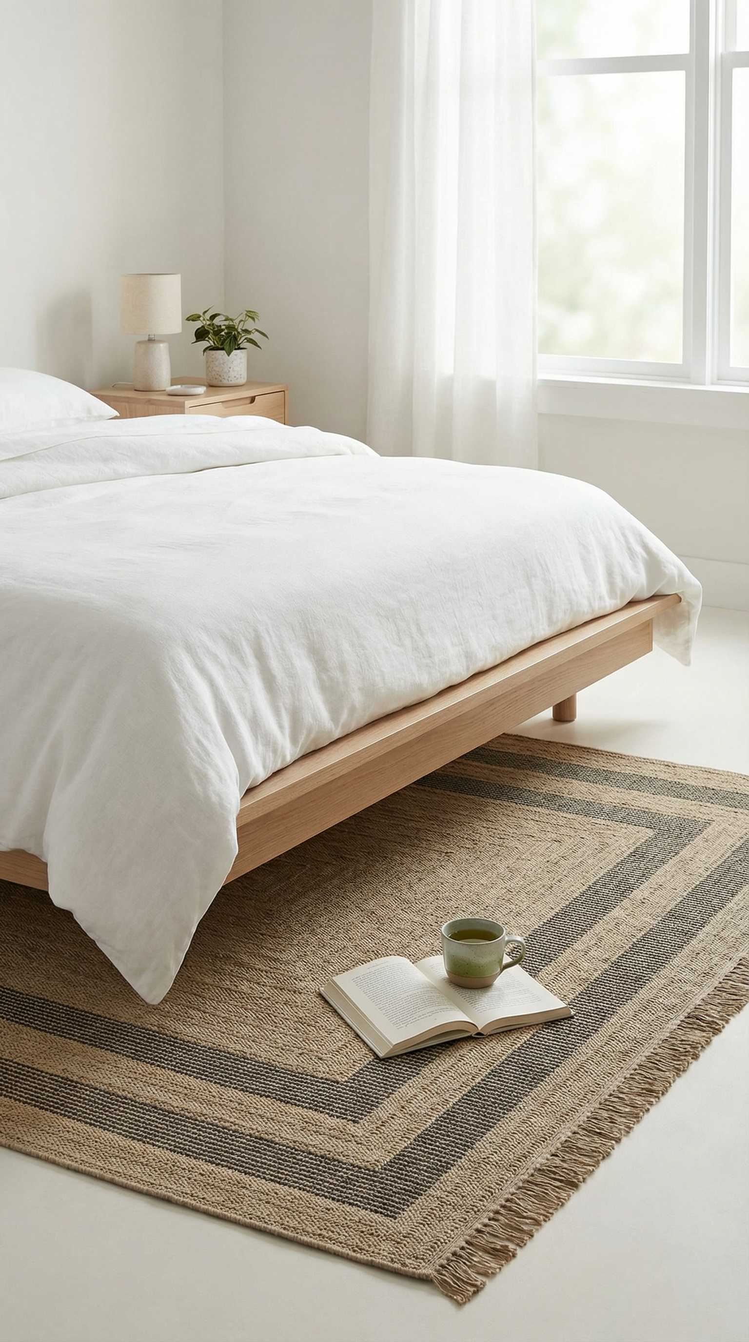 Beyaz nevresimli ahşap karyola, kenarında kitap ve yeşil fincan, jüt halı ve sade yatak odası