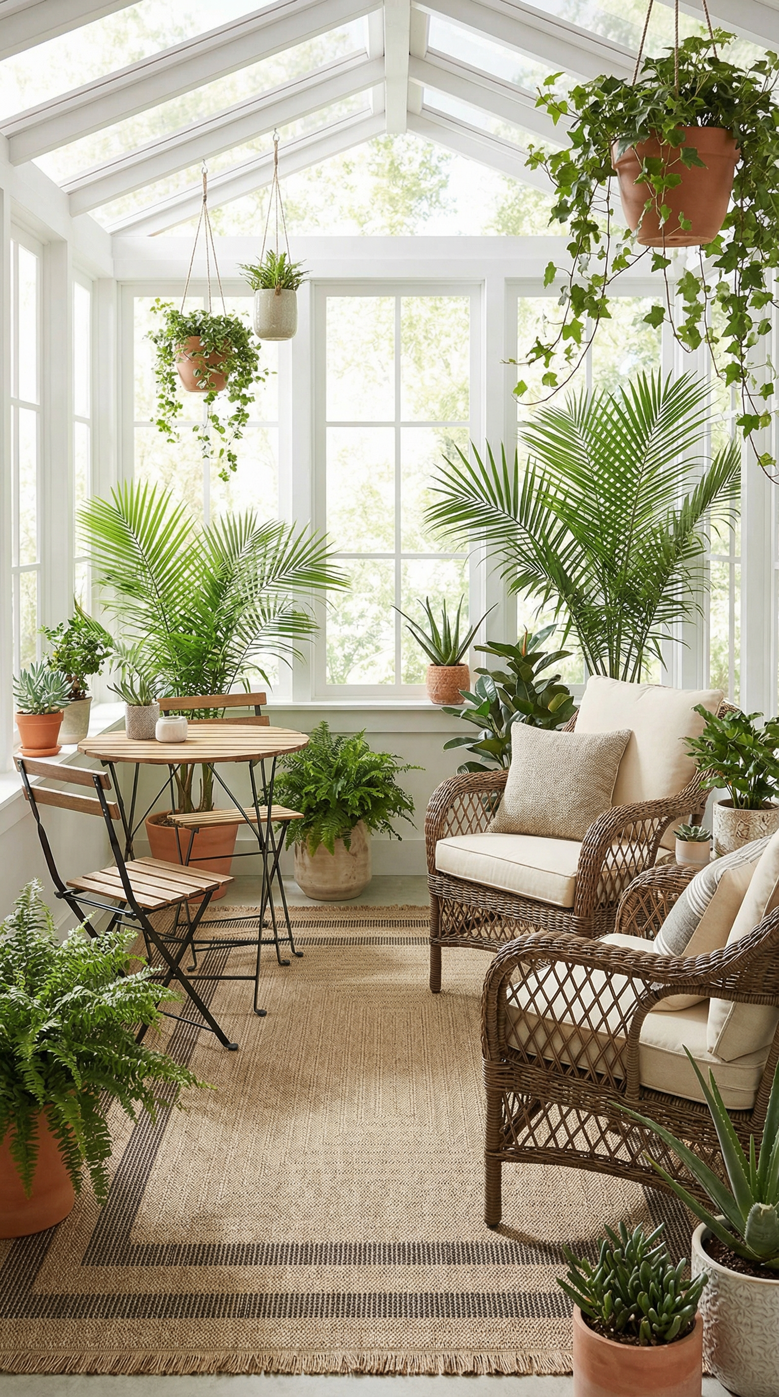 Geniş camlı veranda, hasır mobilyalar, ahşap masa ve sandalyeler, bol yeşil bitki ve doğal halı dekorasyonu