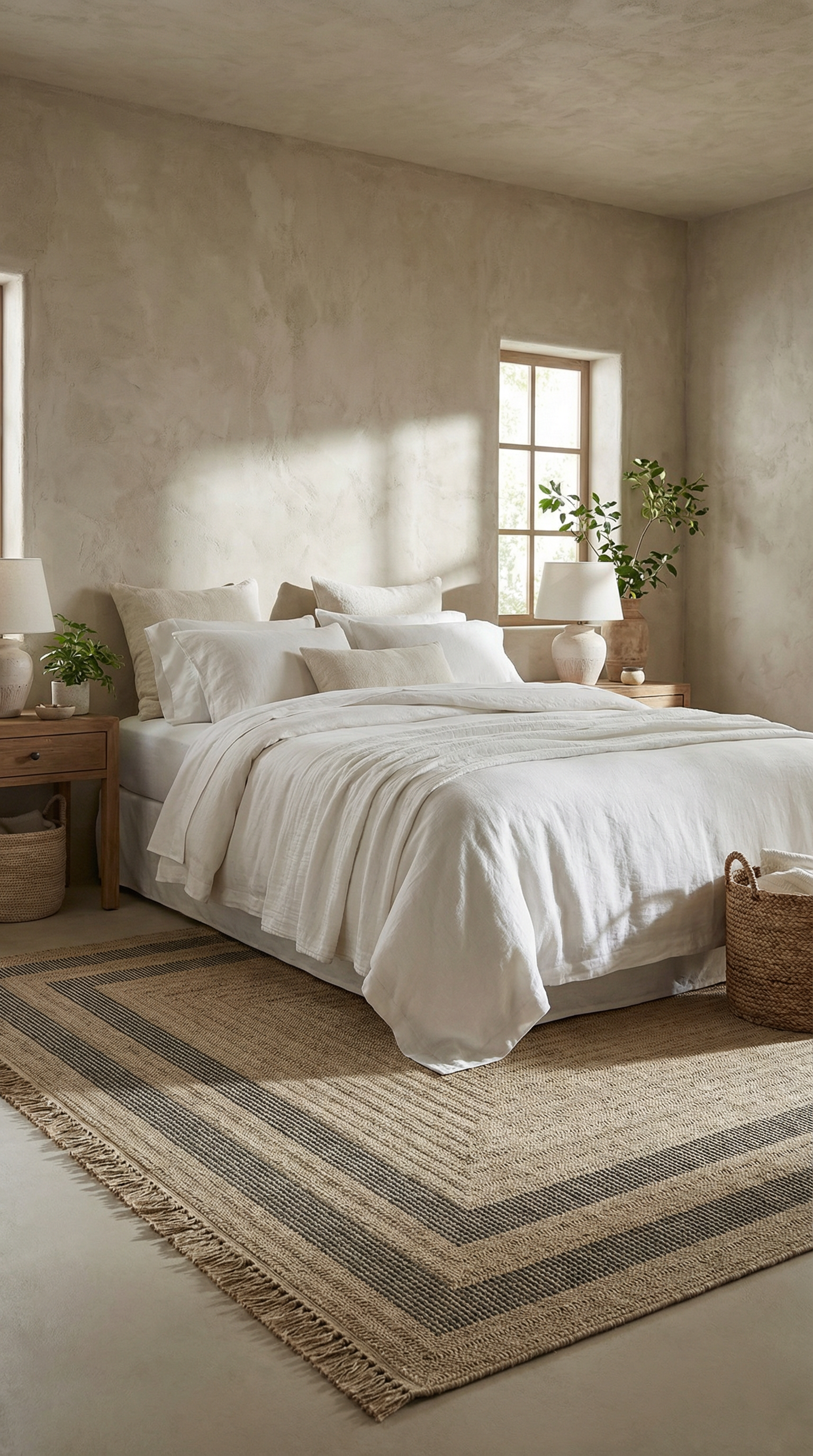 Doğal tonlarda sade dekorasyonlu yatak odası, beyaz nevresimler ve jüt halı