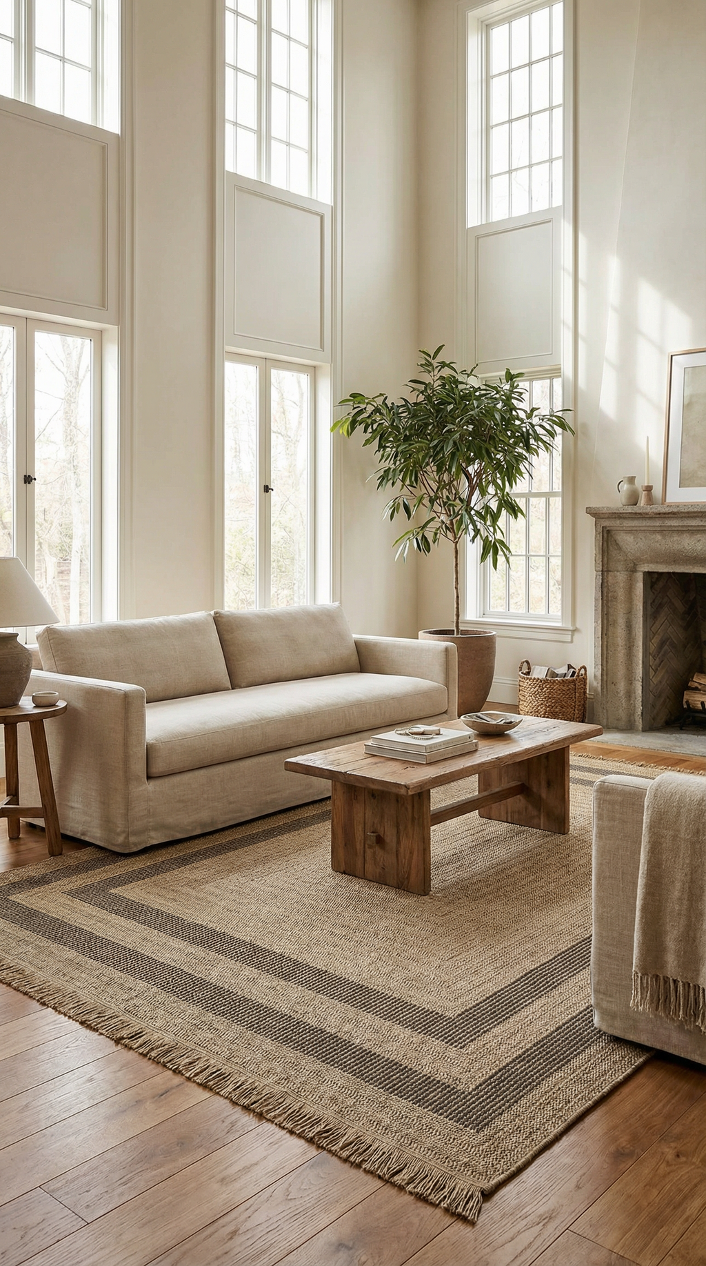 Yüksek tavanlı oturma odasında doğal renklerde halı, bej koltuk, ahşap sehpa ve büyük yeşil bitki