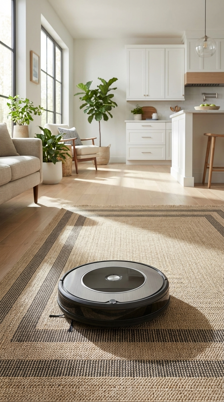 Modern yaşam alanında halı üzerinde siyah robot elektrikli süpürge, beyaz mutfak ve oturma odası dekoru