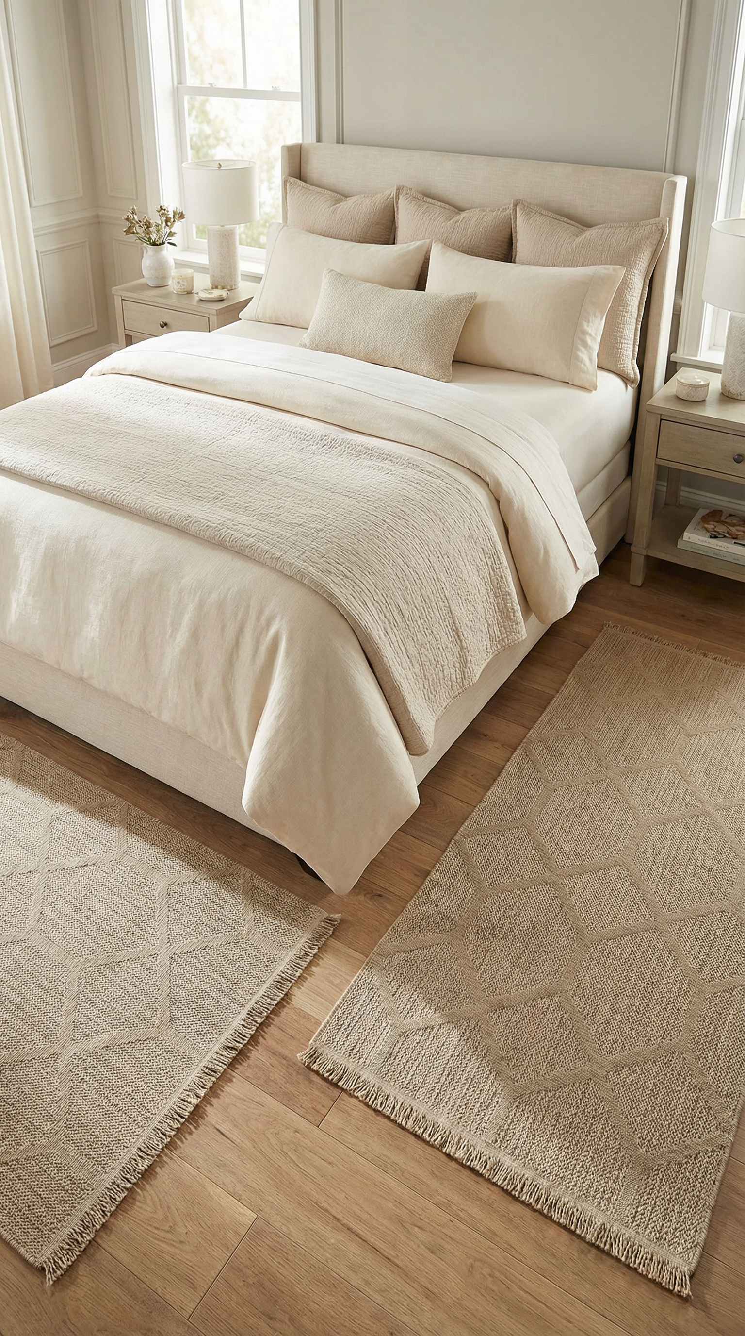 Doğal tonlarda bej yatak odası, dokulu yatak örtüsü, yastıklar, yan sehpa ve dekoratif halılar