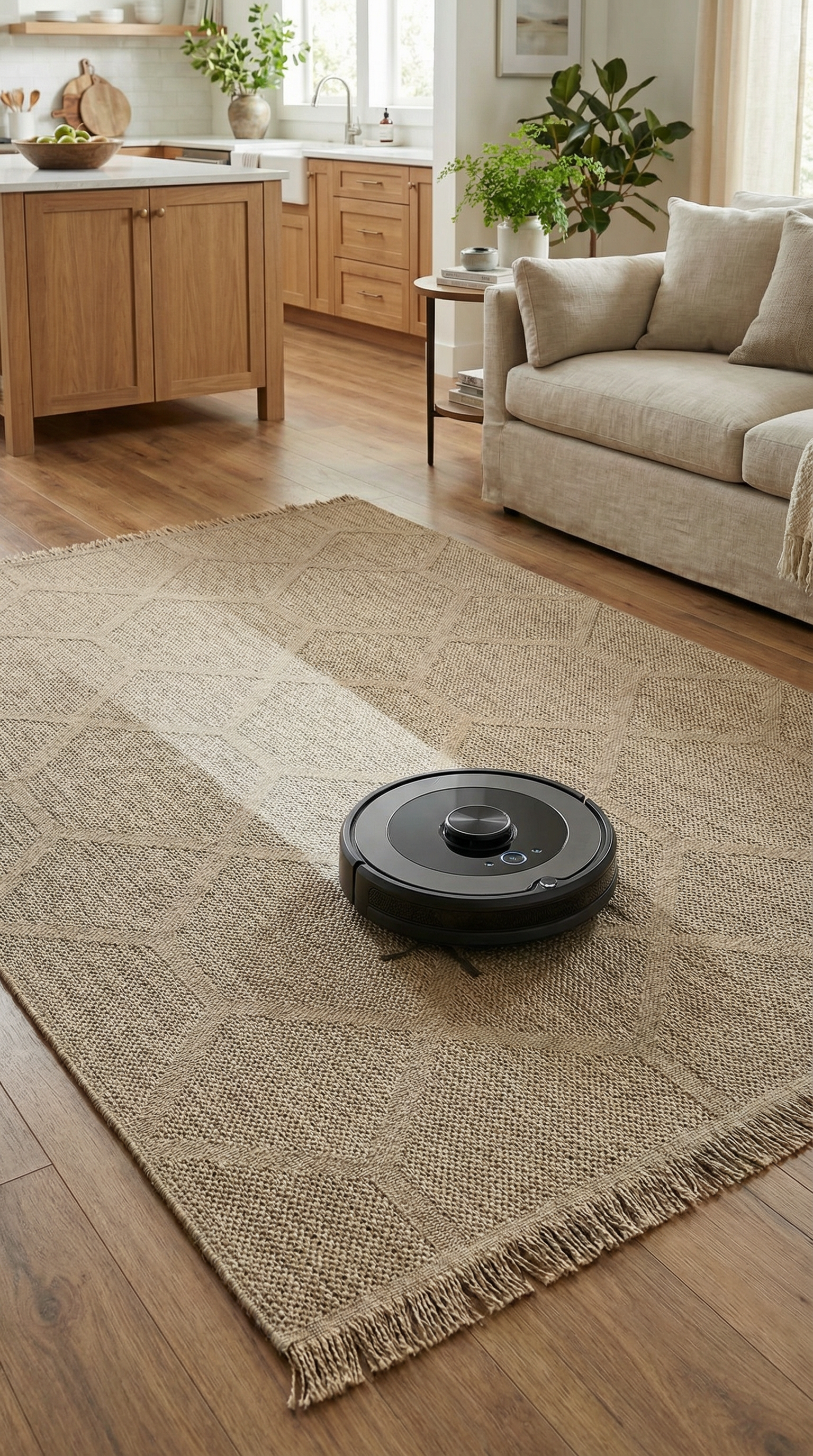 Ahşap mutfak ve bej koltuk yanında doğal desenli halıda çalışan siyah robot süpürge