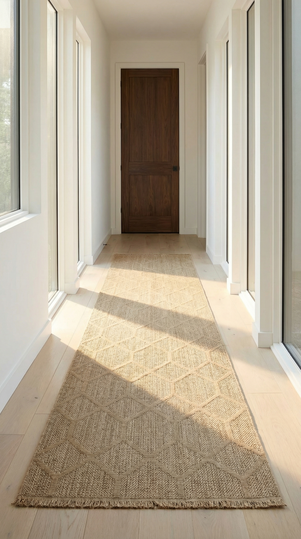 Doğal tonlarda geometrik dokulu bej yolluk halı, ışık alan modern beyaz koridorda