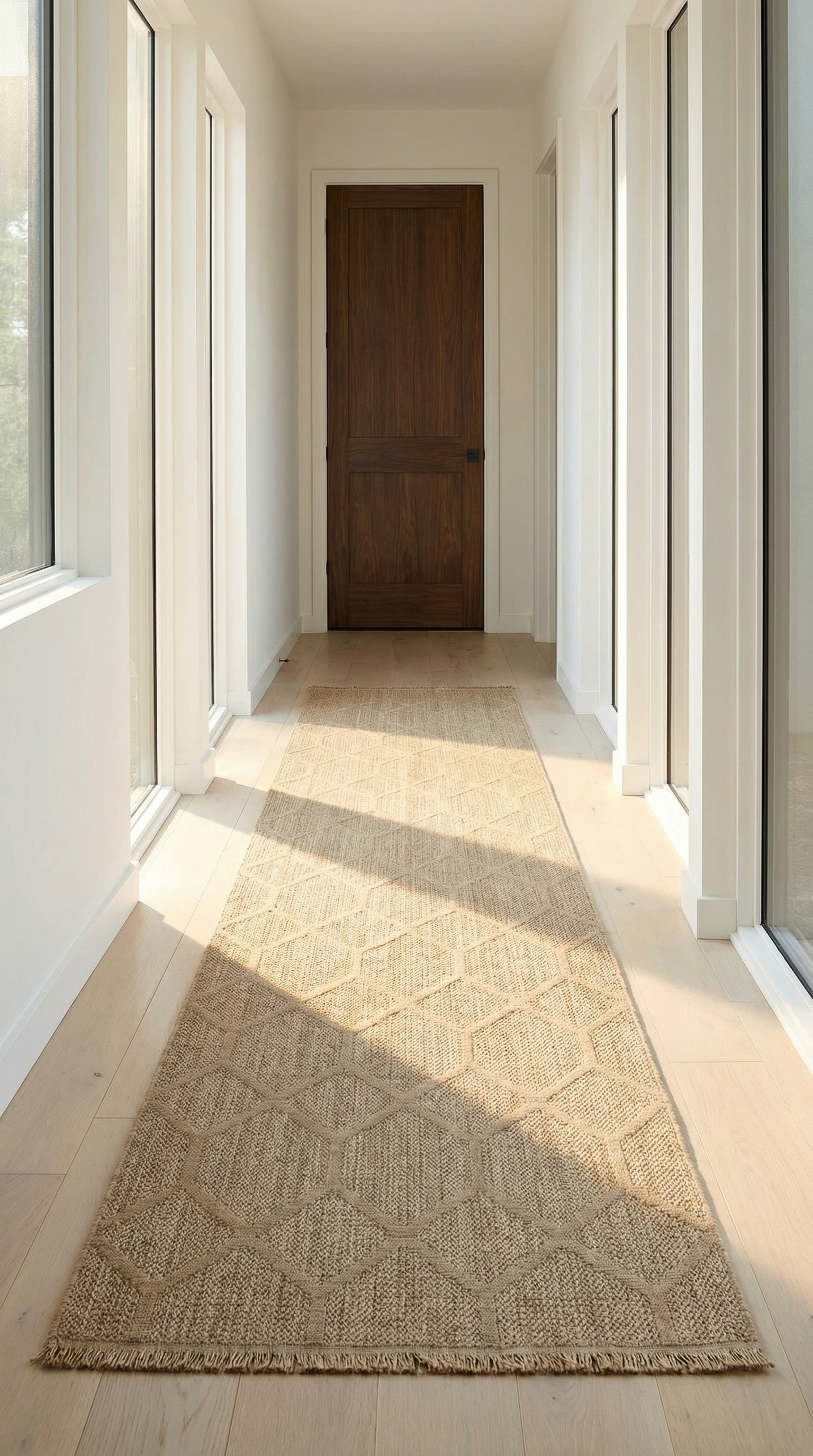 Doğal tonlarda geometrik dokulu bej yolluk halı, ışık alan modern beyaz koridorda