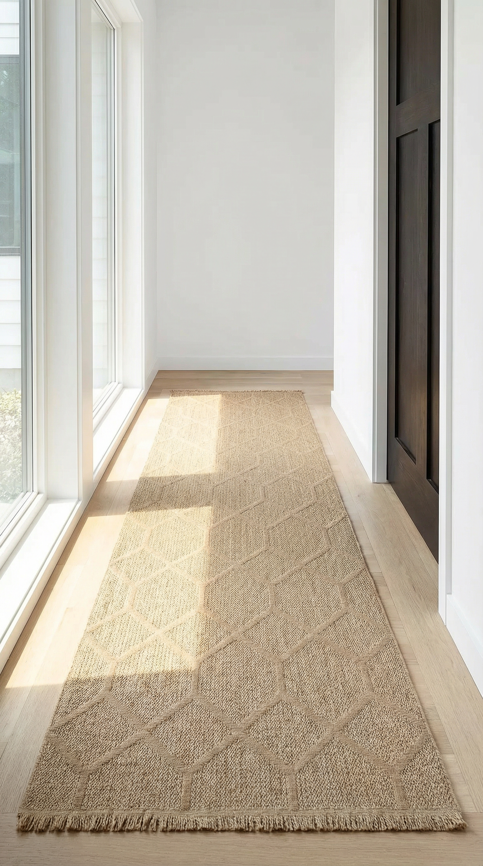 Doğal renklerde altıgen desenli uzun keçeli halı, aydınlık modern koridor içinde