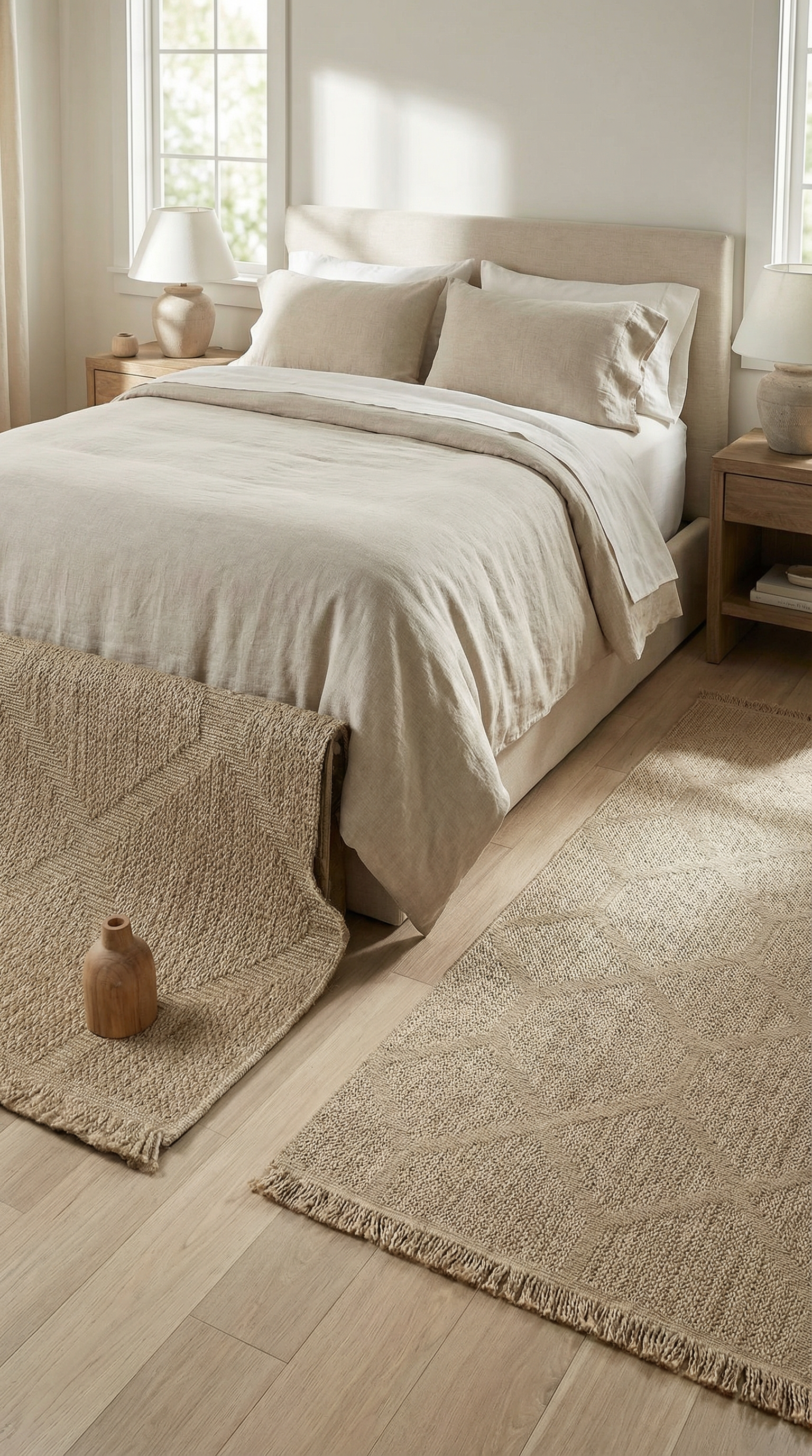 Bej tonlarında doğal kumaş yatak, yastıklar, gece lambaları ve dokulu halılarla modern yatak odası