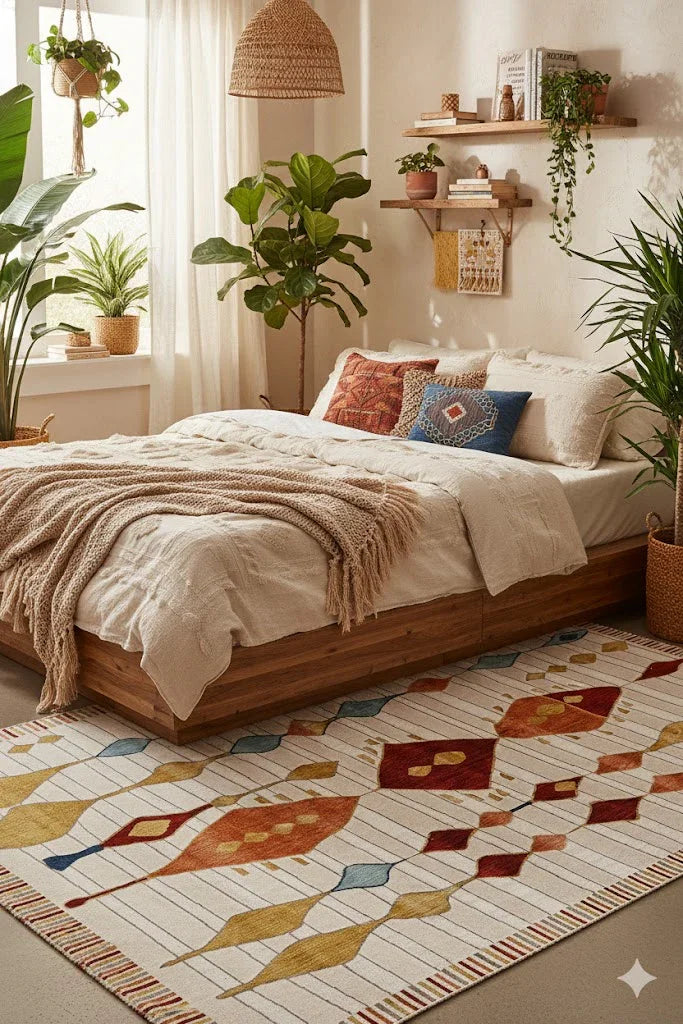 Doğal ahşap karyola, krem yatak örtüsü, renkli minderler ve geometrik desenli halı ile bitkili modern yatak odası