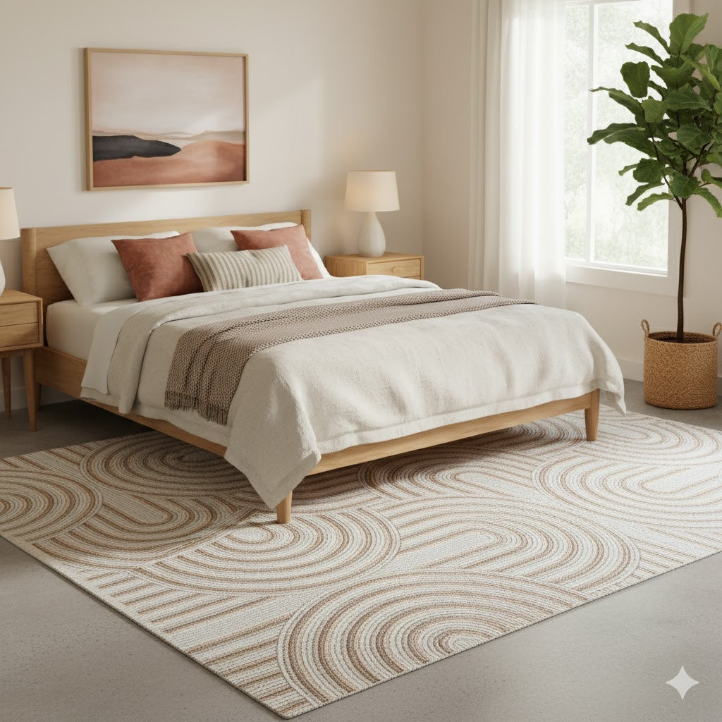 Bej ve kahverengi geometrik desenli halı, modern minimalist yatak odasında ahşap karyola ve doğal bitki