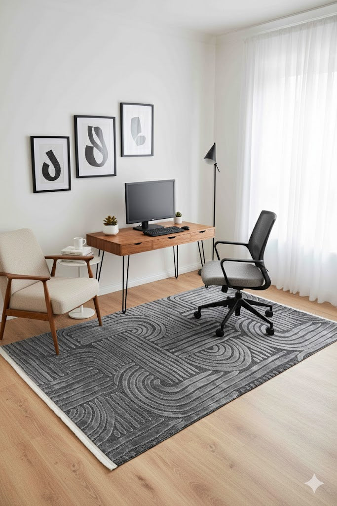 modern çalışma odası ahşap masa, siyah ofis sandalyesi, gri desenli halı, minimalist duvar tabloları