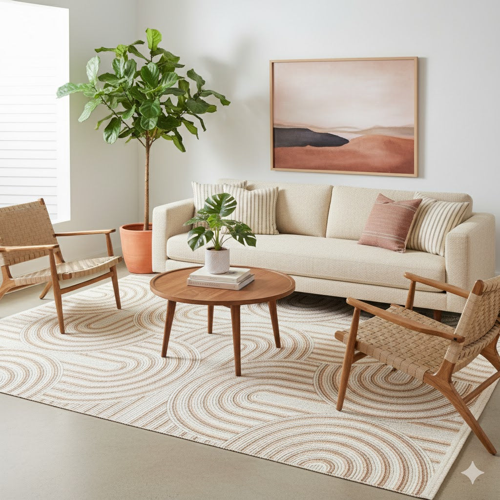Modern oturma odası, krem kanepe, ahşap sehpa, dokuma sandalyeler, dekoratif halı ve büyük yeşil bitki