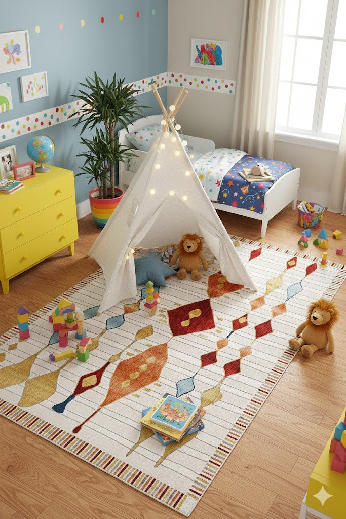 Çocuk odasında renkli desenli halı, oyuncak çadır, sarı komodin ve oyuncak aslanlar