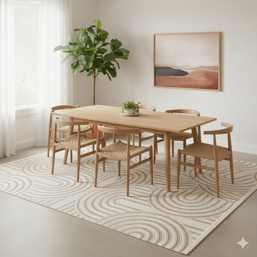 Modern ahşap yemek masası ve altı sandalye, doğal dokulu halı, iç mekan bitkisi ve soyut duvar sanatı