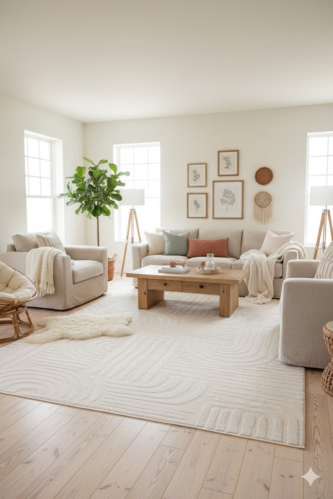 Modern açık salon, bej koltuklar, ahşap sehpa, nötr renklerde dekor ve bitki