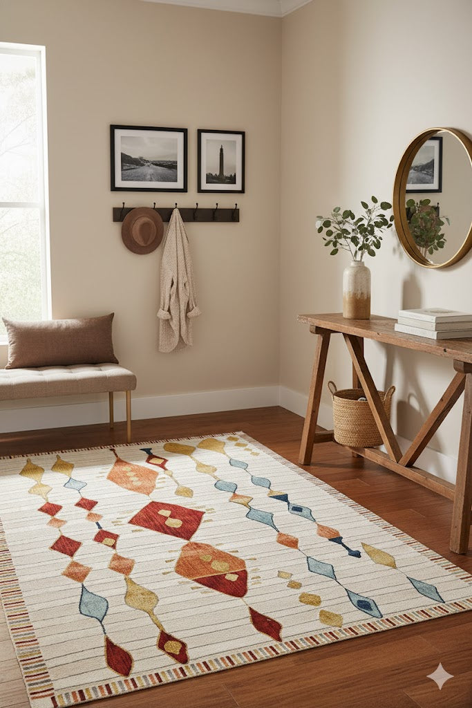 Modern salon girişinde renkli geometrik desenli halı, ahşap konsol masa, yuvarlak ayna ve dekoratif aksesuarlar