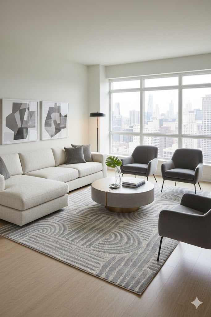 Beyaz köşe koltuk, gri modern sandalye ve soyut tablolarıyla şık şehir manzaralı oturma odası
