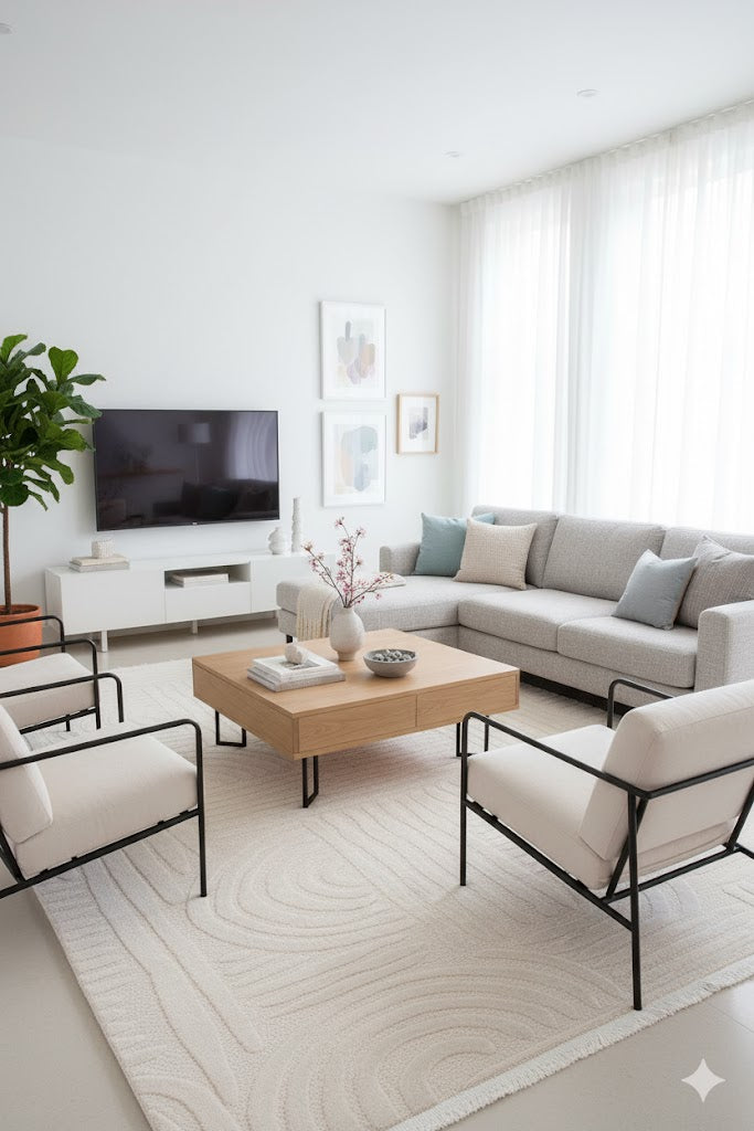 Modern, aydınlık oturma odasında gri köşe koltuk, ahşap sehpa, beyaz koltuklar ve TV ünitesi