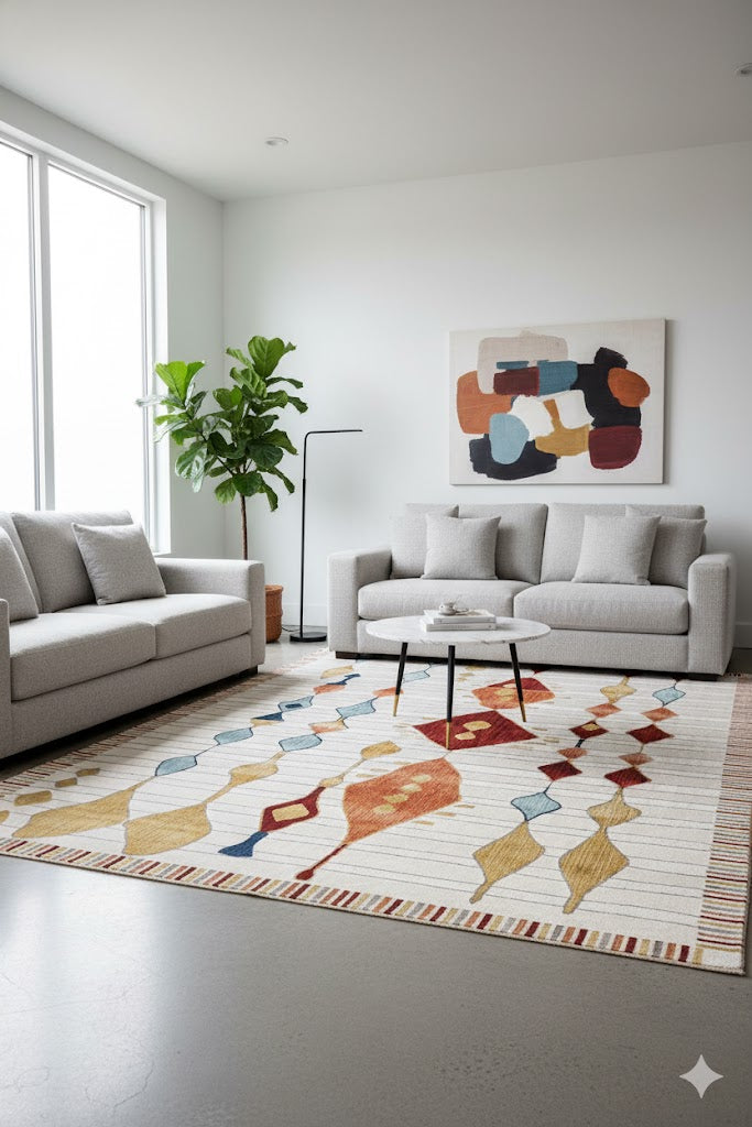 Modern salon dekorasyonu, gri kanepeler, renkli geometrik desenli halı, büyük pencere ve soyut duvar sanatı