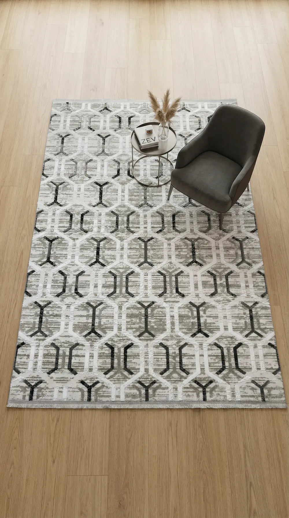 Zev Vogui Gri Antrasit Petek Desenli Geometrik Modern Halı VG042 160x230