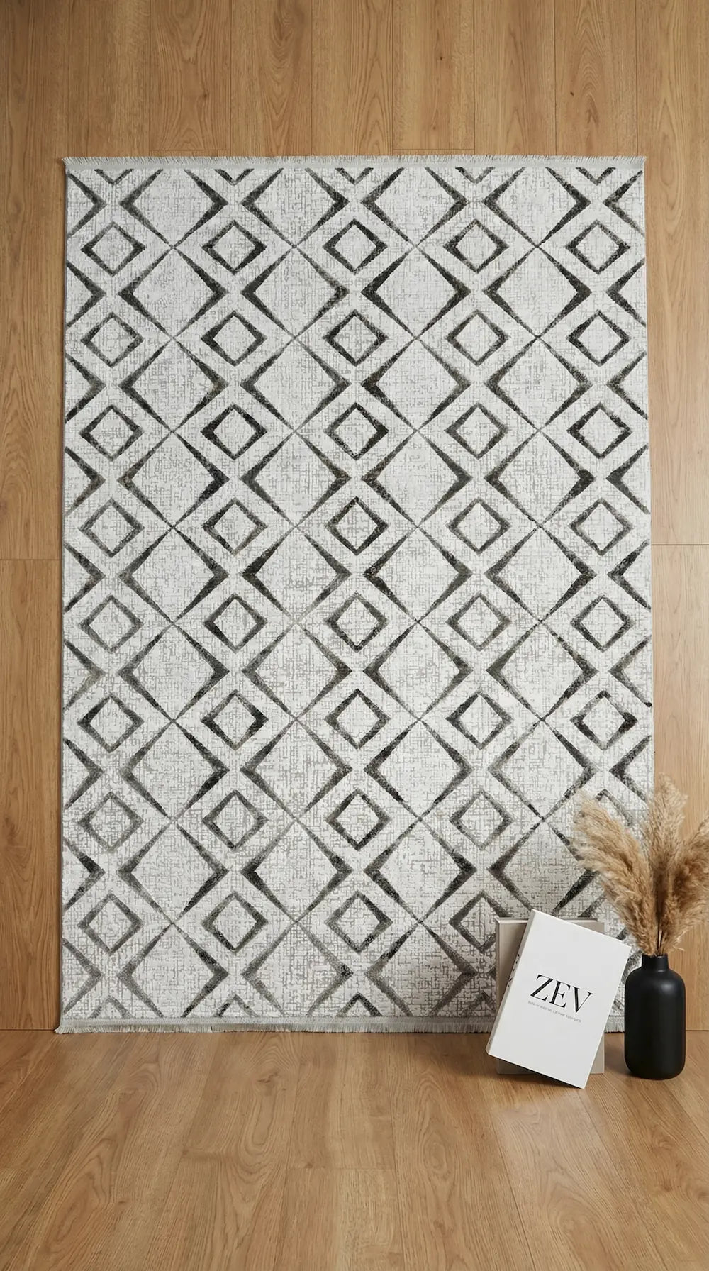 Zev Vogui Gri Geometrik Kafes Desenli Modern Salon Halısı VG044 160x230