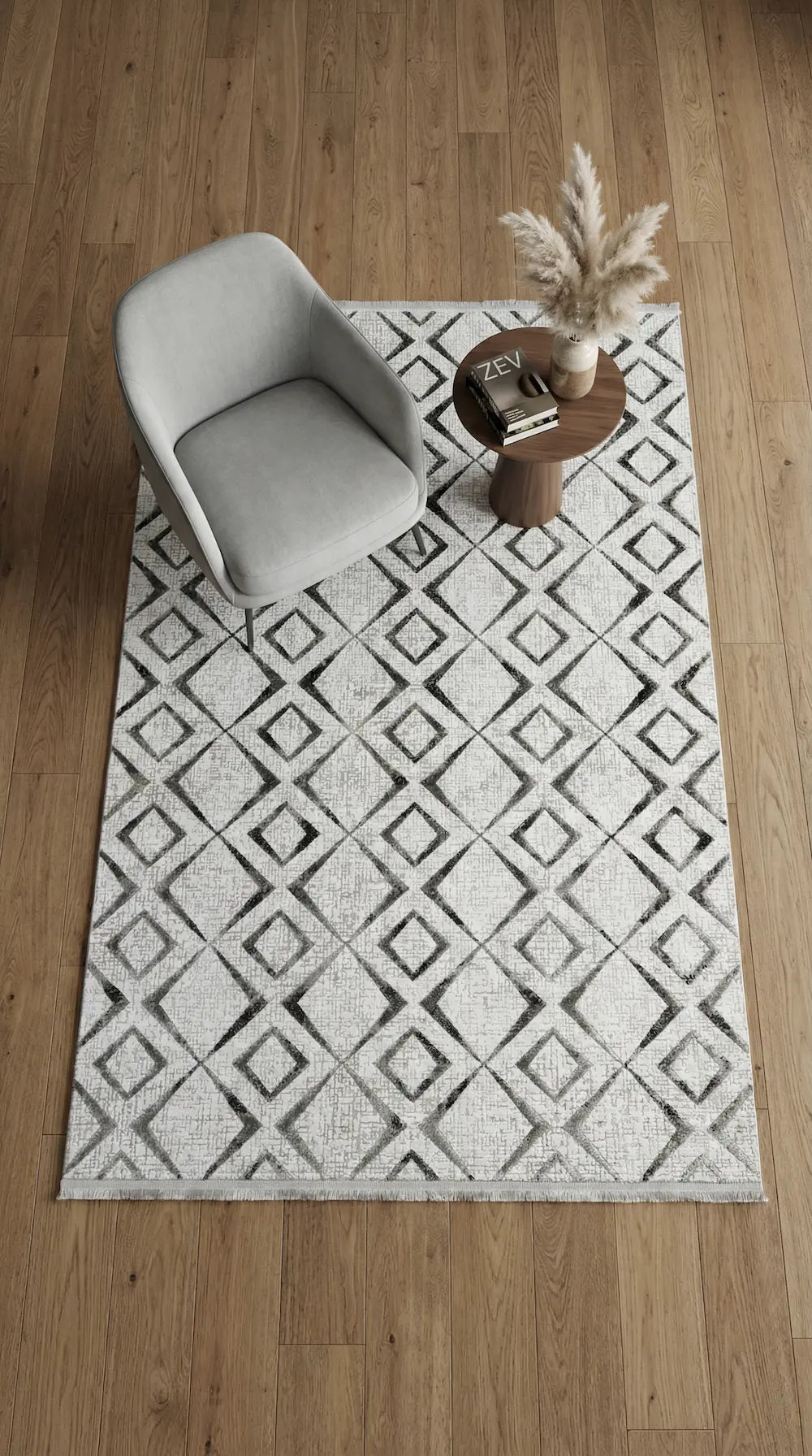Zev Vogui Gri Geometrik Kafes Desenli Modern Salon Halısı VG044 160x230