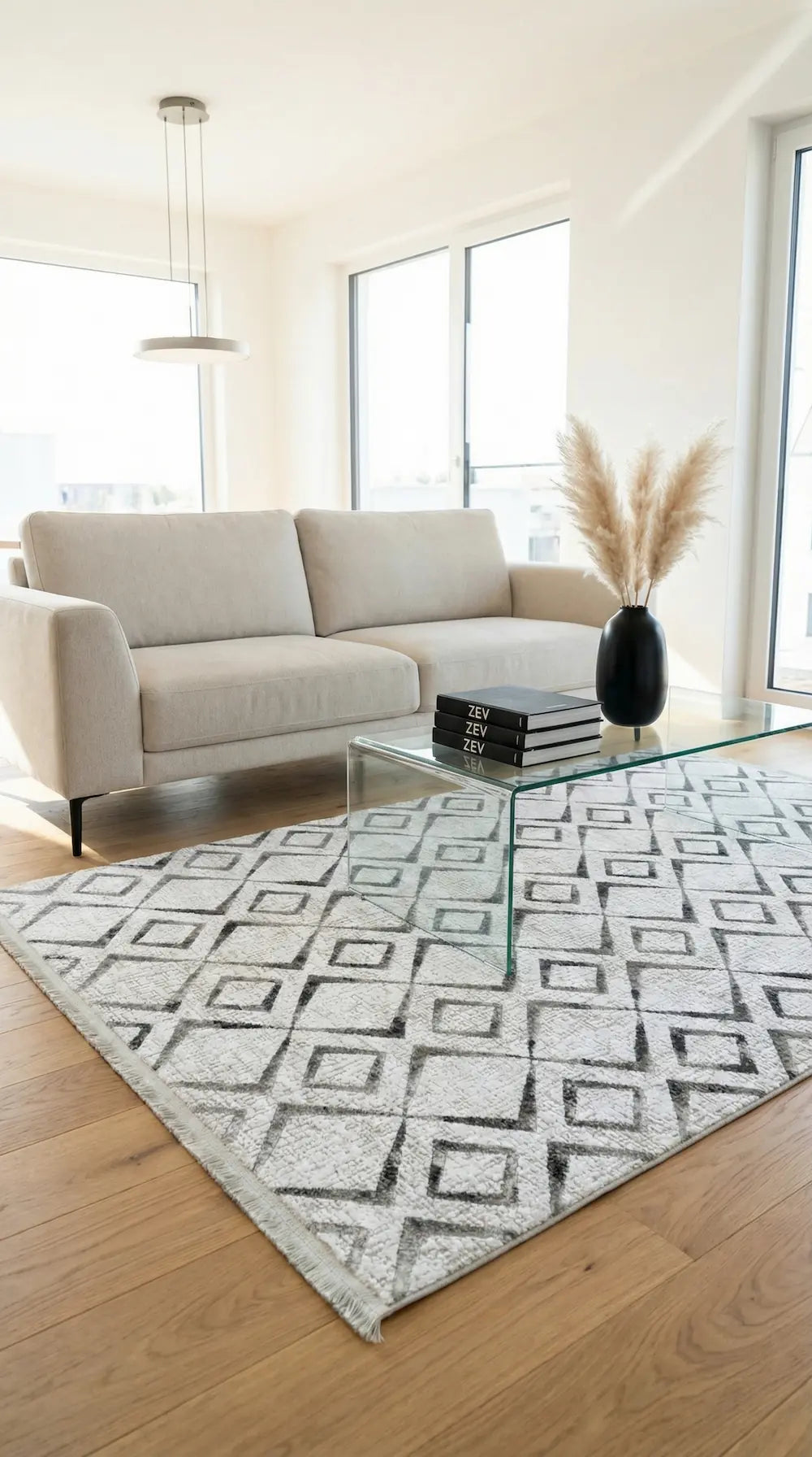 Zev Vogui Gri Geometrik Kafes Desenli Modern Salon Halısı VG044 160x230