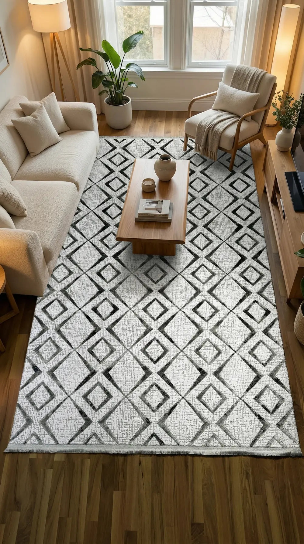 Zev Vogui Gri Geometrik Kafes Desenli Modern Salon Halısı VG044 160x230