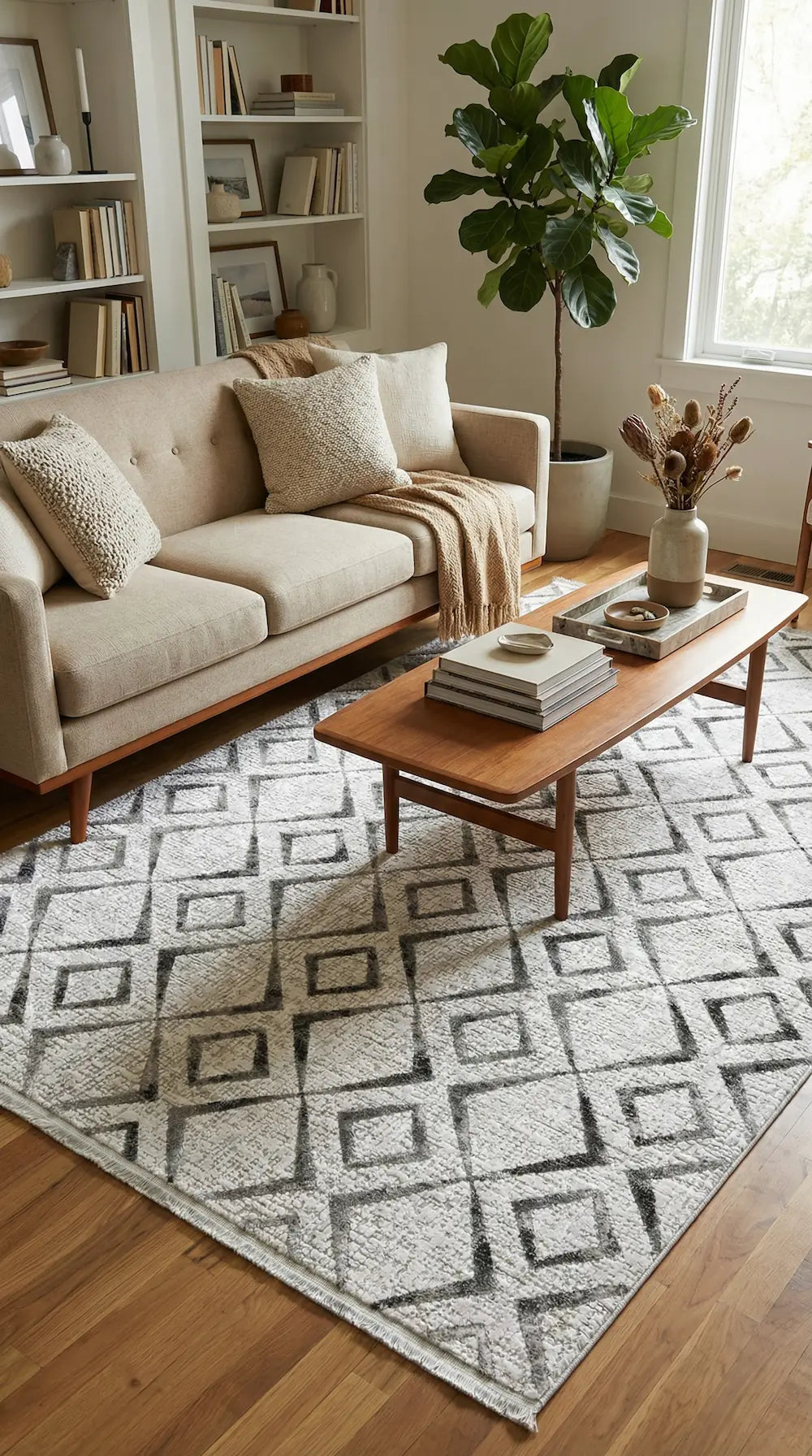 Zev Vogui Gri Geometrik Kafes Desenli Modern Salon Halısı VG044 160x230