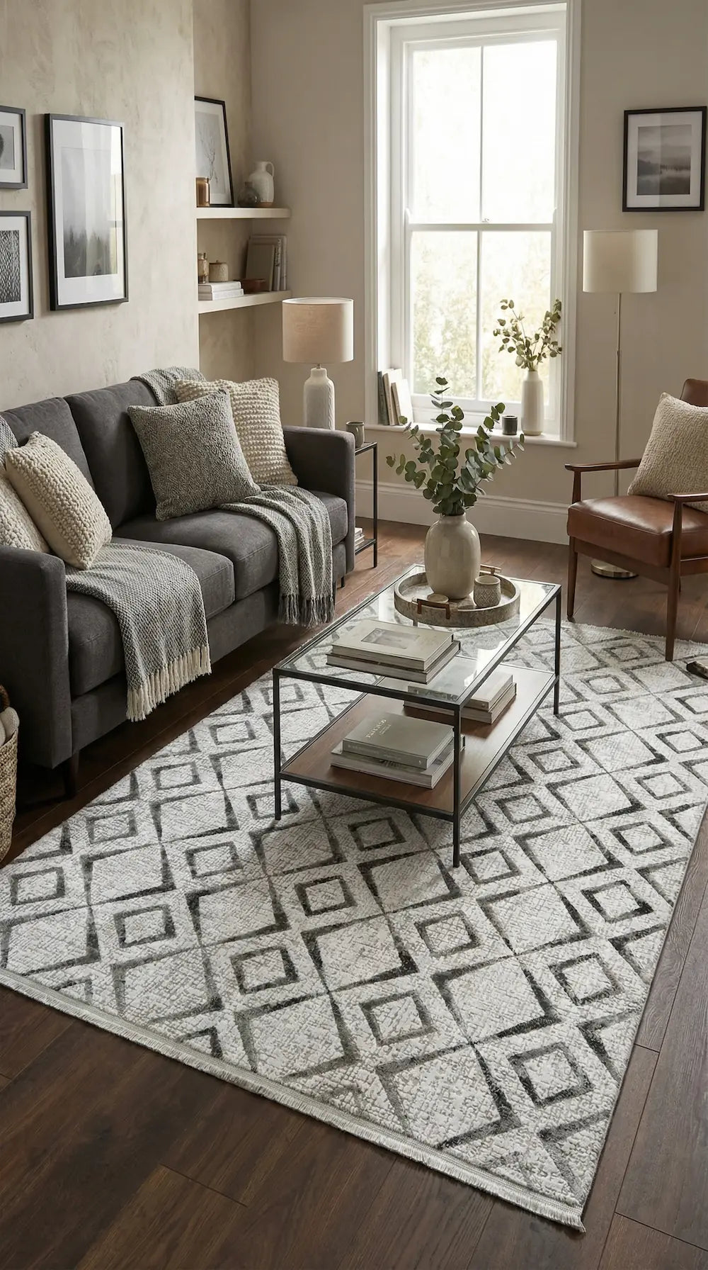 Zev Vogui Gri Geometrik Kafes Desenli Modern Salon Halısı VG044 160x230