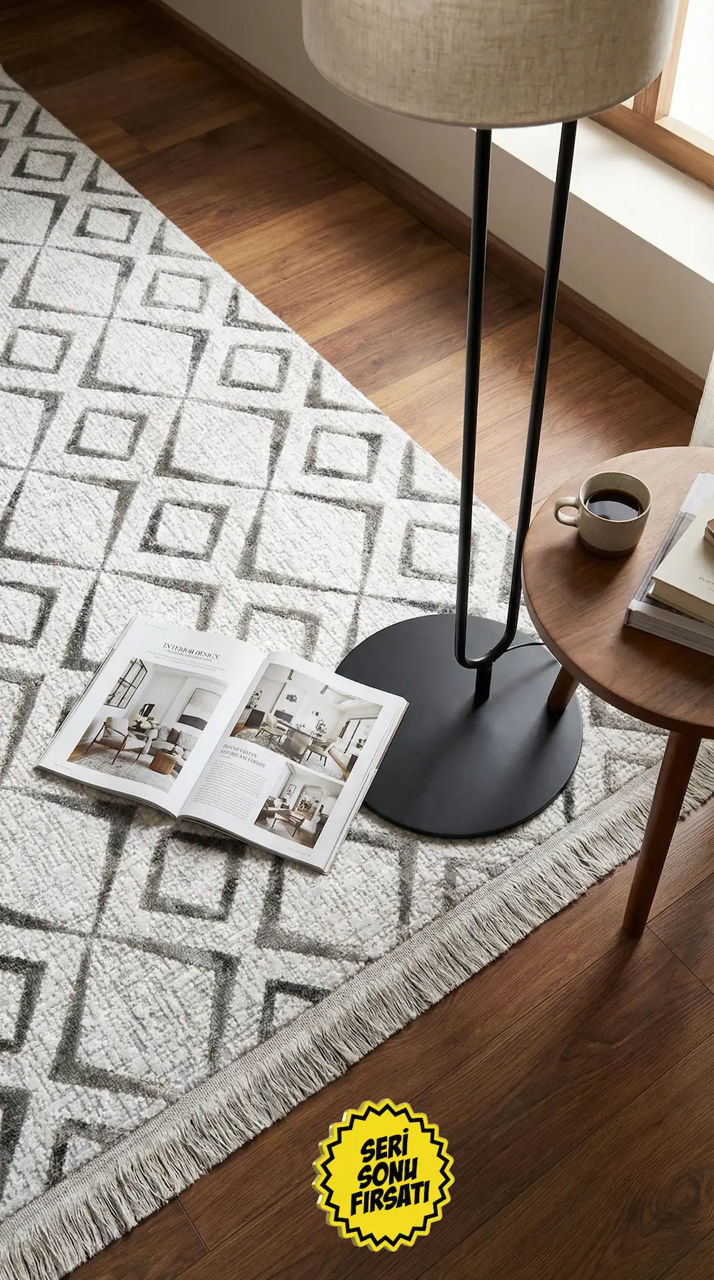 Zev Vogui Gri Geometrik Kafes Desenli Modern Salon Halısı VG044 160x230