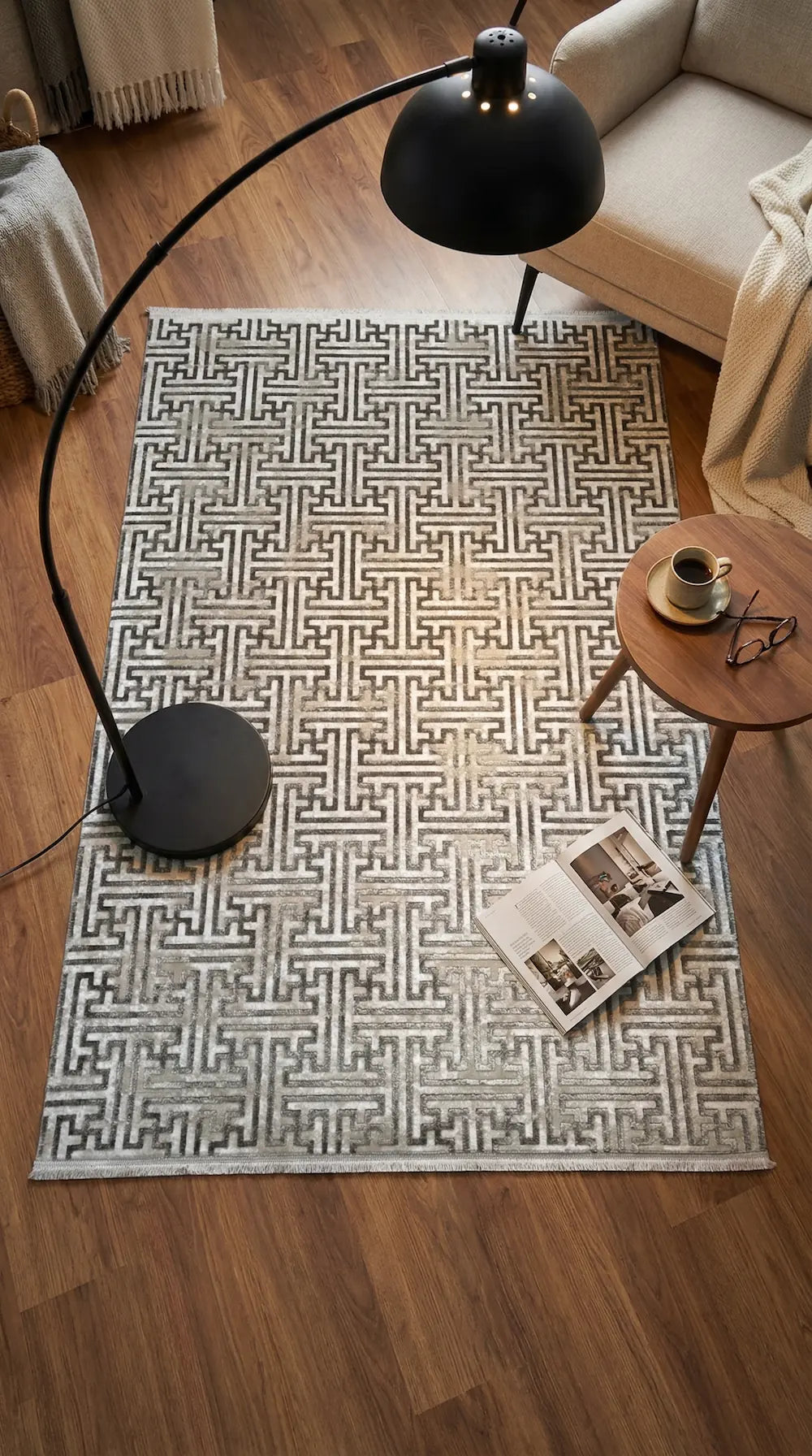 Zev Vogui Antrasit Gri Labirent Desenli Modern Mimari Tasarım Halı VG045 160x230