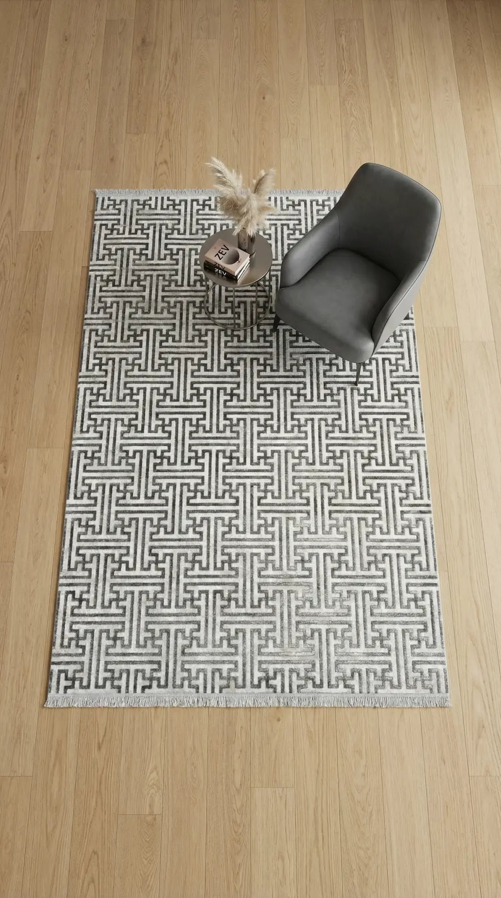 Zev Vogui Antrasit Gri Labirent Desenli Modern Mimari Tasarım Halı VG045 160x230