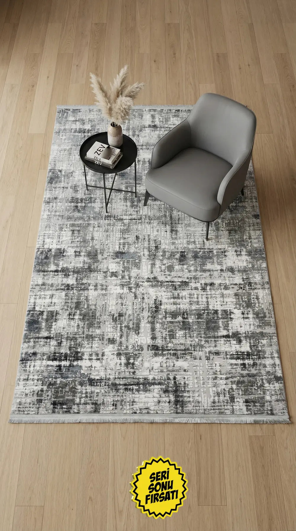 Zev Vogui Gri Mavi Endüstriyel Eskitme Modern Salon Halısı VG047 145x230
