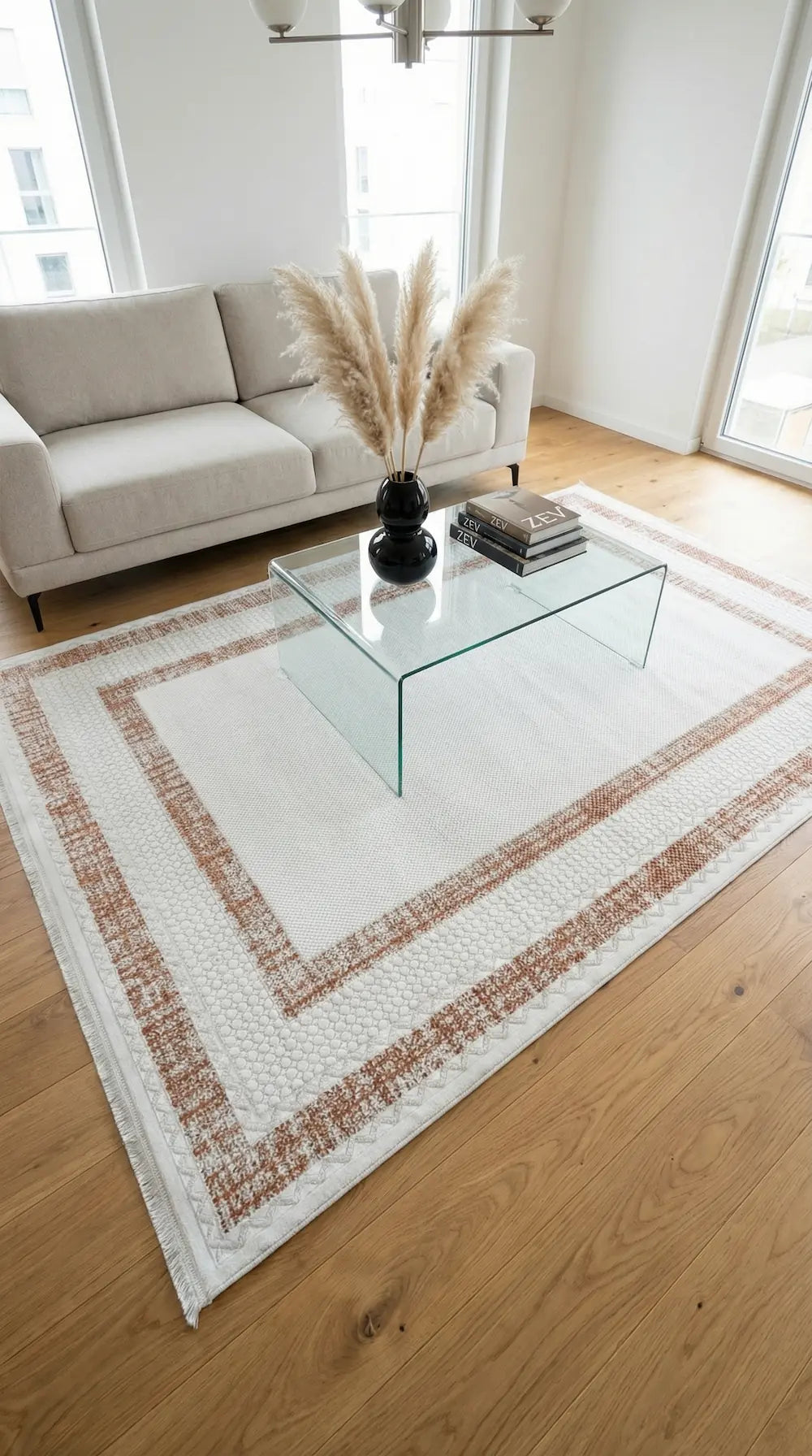 Zev Halı Vogui Krem Kiremit Çift Çerçeveli Modern Salon Halısı VG048 150x230 | Modern Halı | Zev Halı