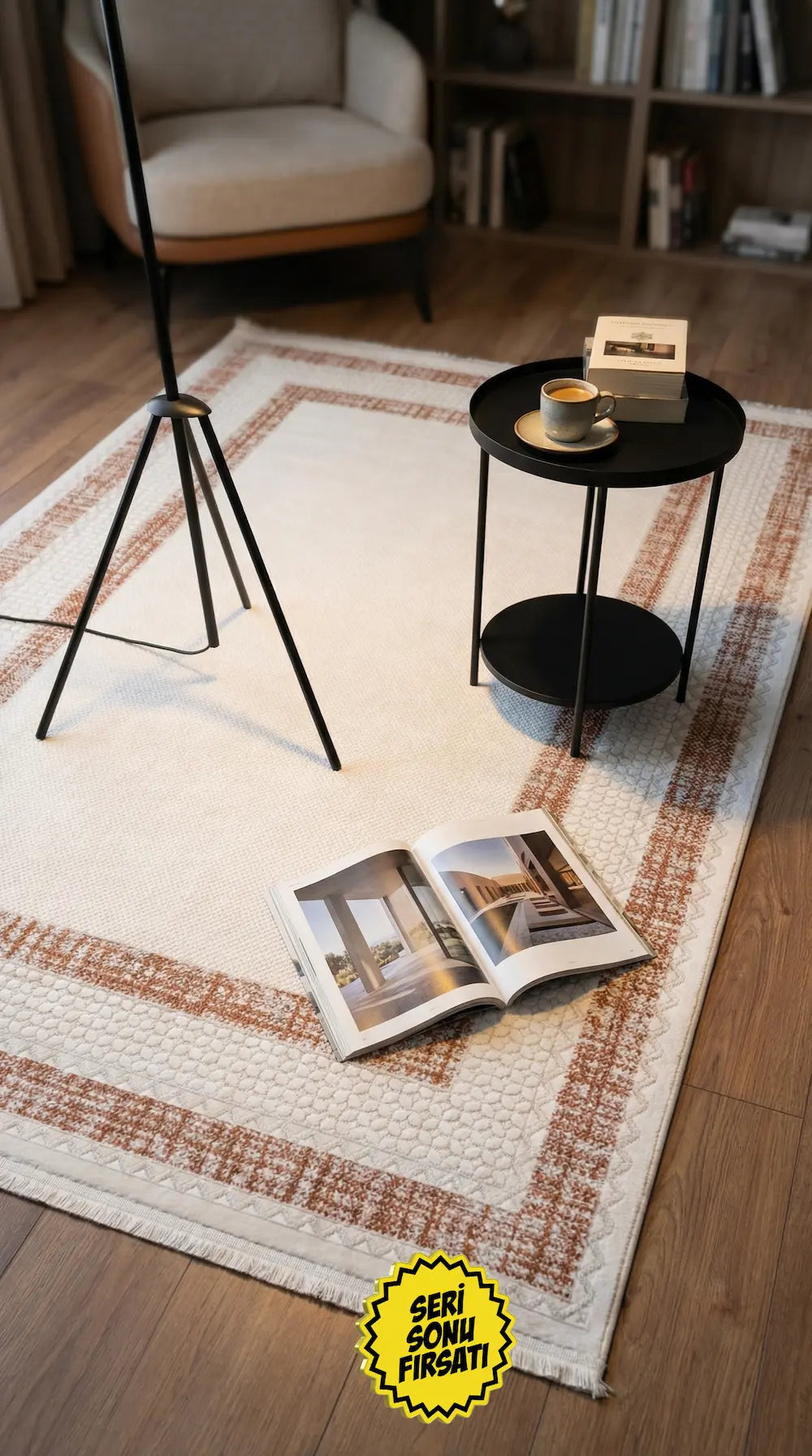 Zev Halı Vogui Krem Kiremit Çift Çerçeveli Modern Salon Halısı VG048 150x230 | Modern Halı | Zev Halı