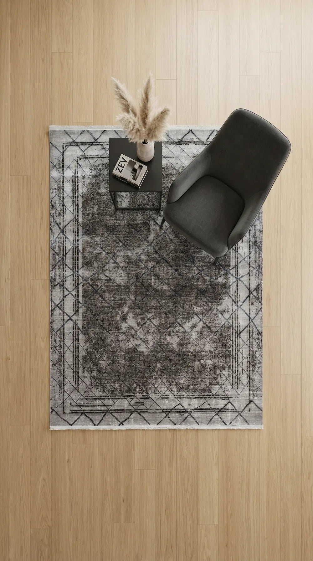 Zev Vogui Antrasit Geometrik Baklava Kafes Desenli Eskitme Halı VG049 160x215